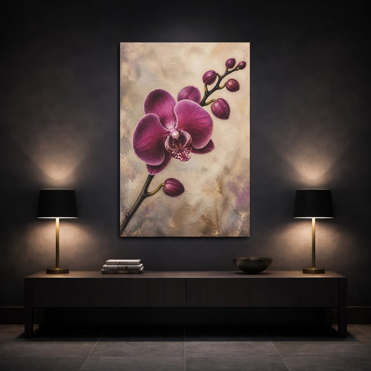 Mockup 3. Floral Orchid Purple Orchid shown as stretched canvas wall art
