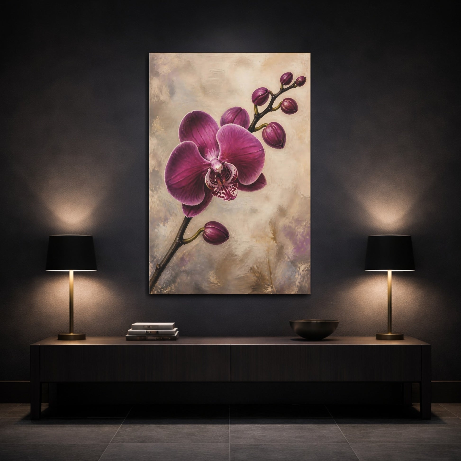 Mockup 3. Floral Orchid Purple Orchid shown as stretched canvas wall art