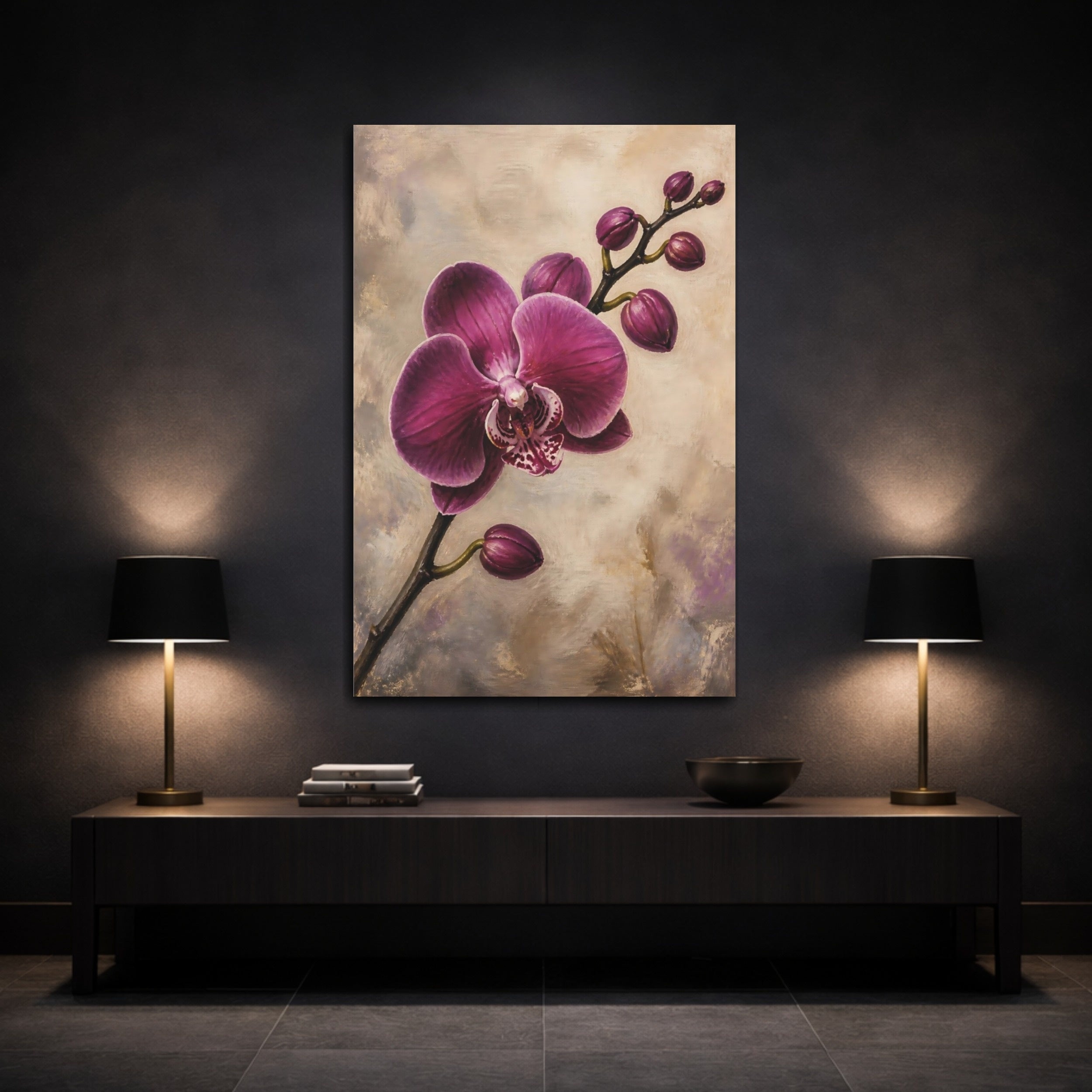 Mockup 3. Floral Orchid Purple Orchid shown as stretched canvas wall art