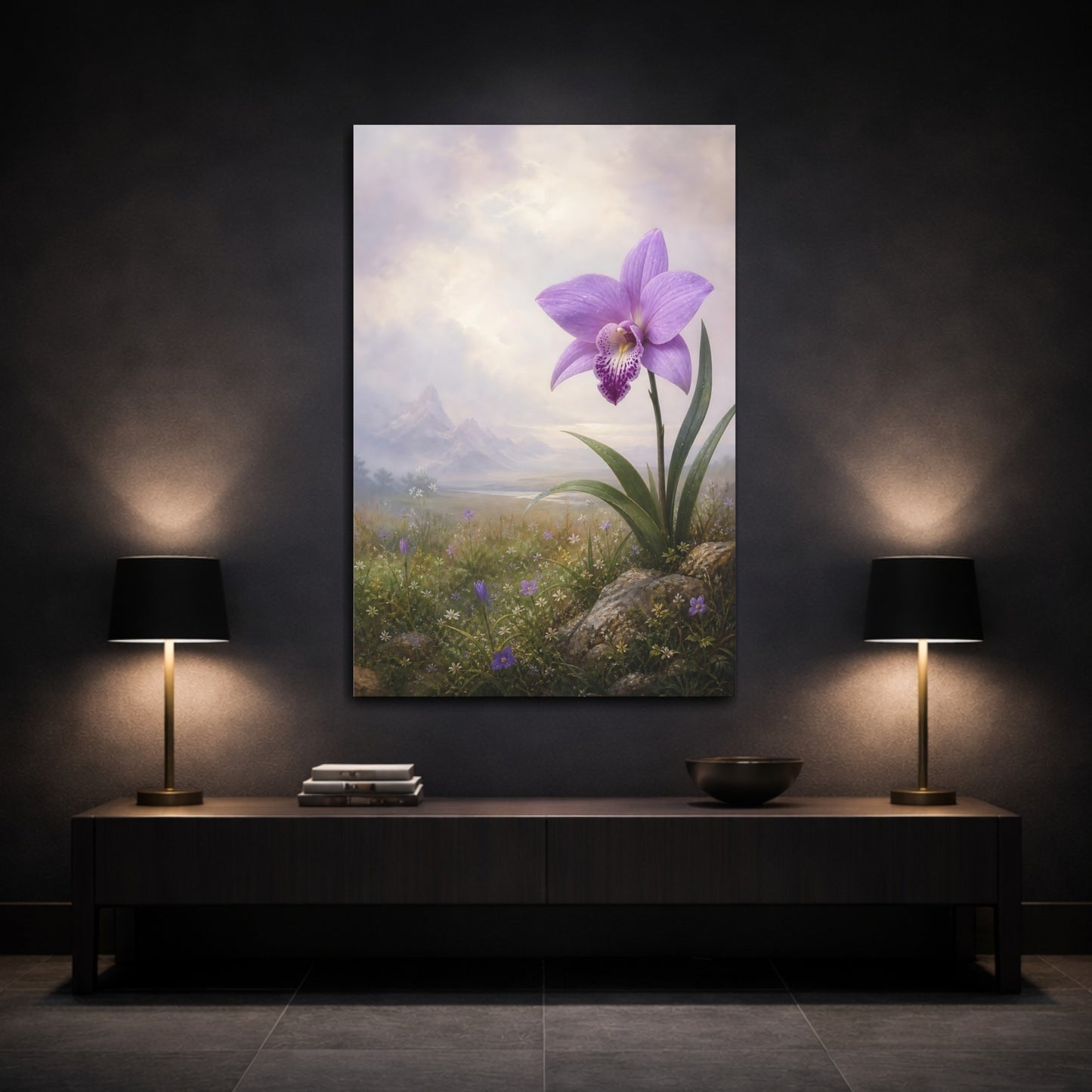Mockup 3. Floral Orchid Purple Orchid shown as stretched canvas wall art