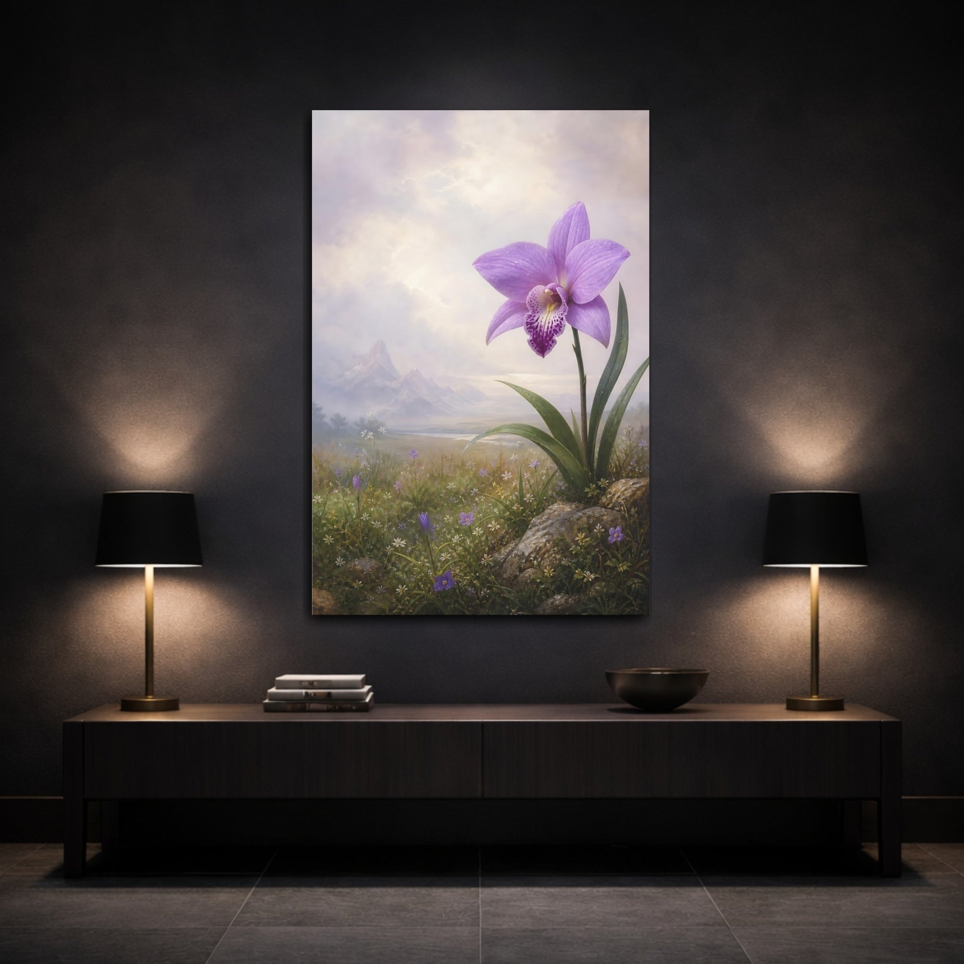 Mockup 3. Floral Orchid Purple Orchid shown as stretched canvas wall art
