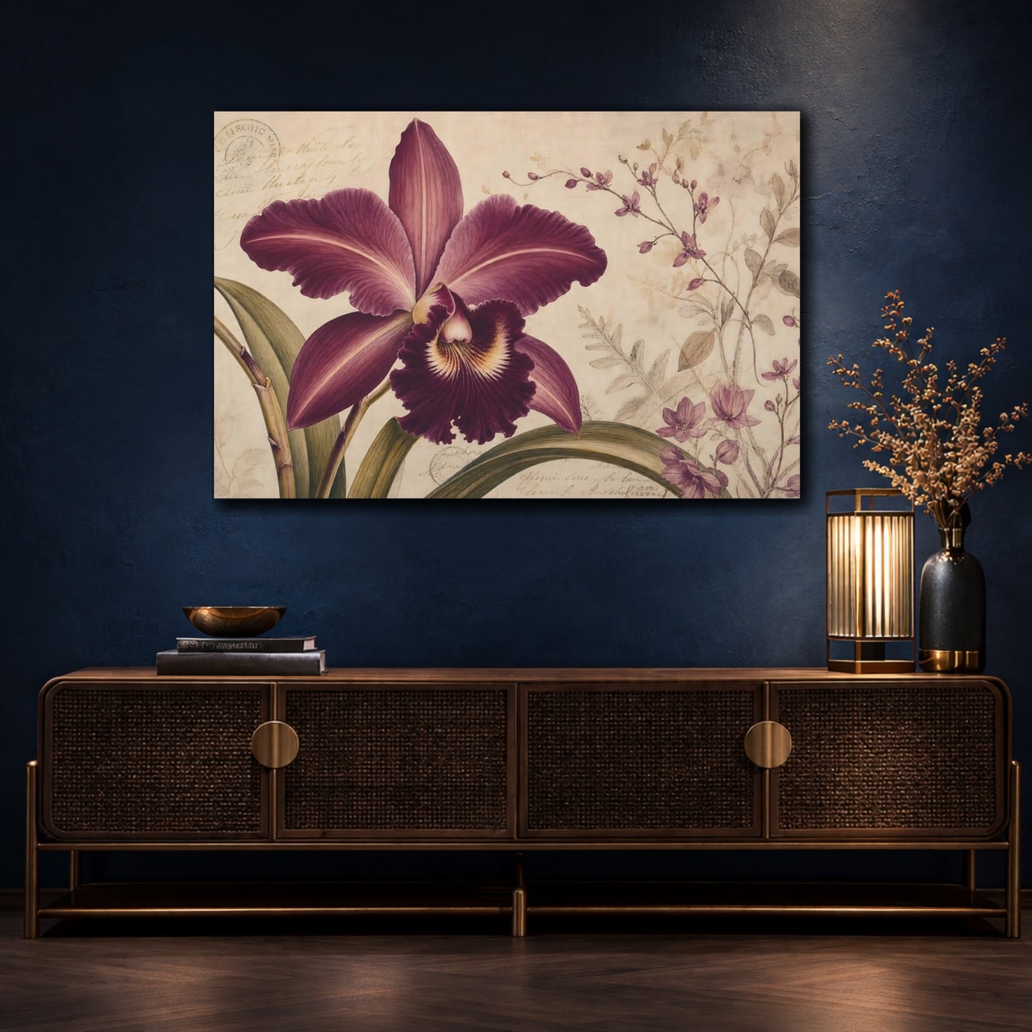 Mockup 4. Floral Orchid Purple Orchid shown as stretched canvas wall art