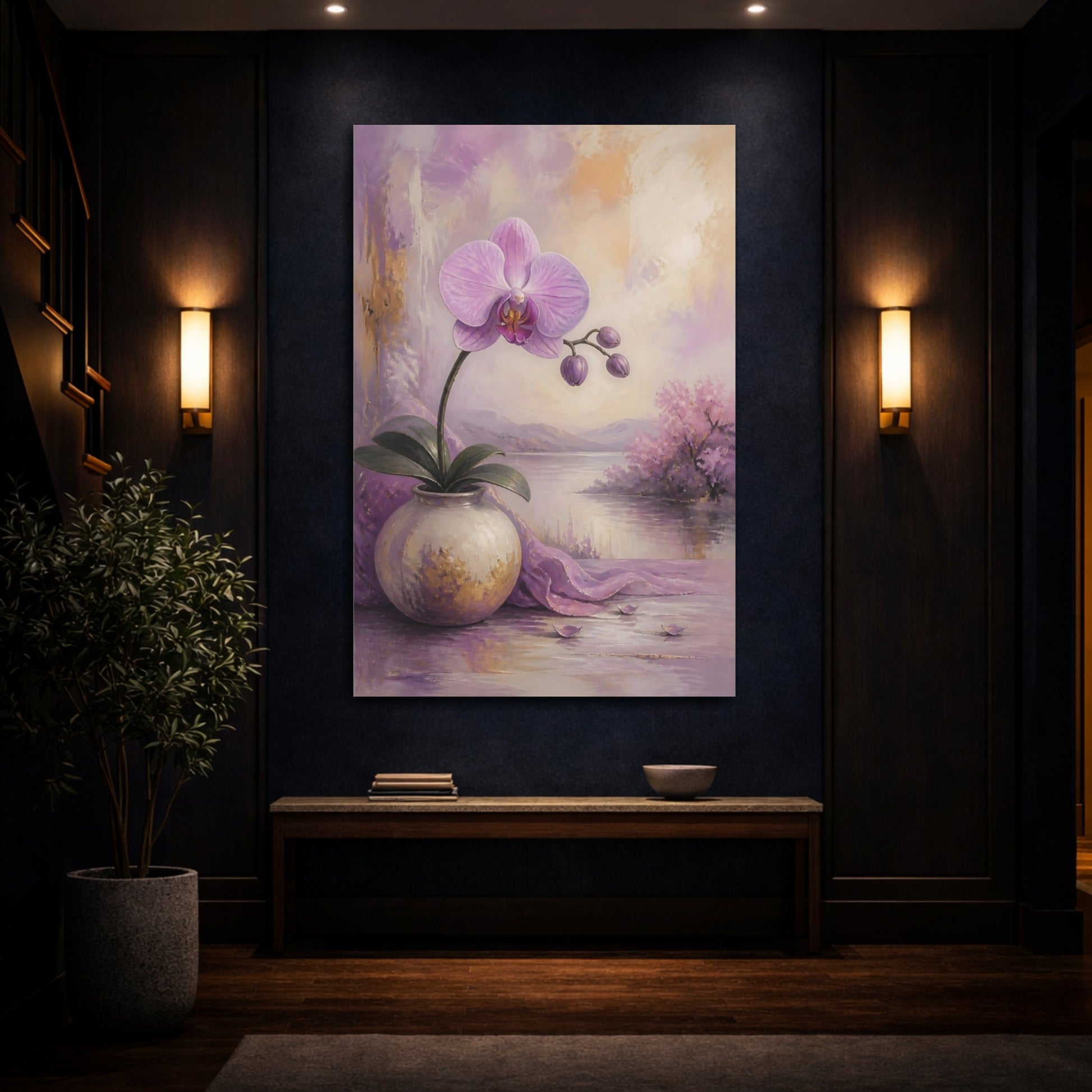 Mockup 4. Floral Orchid Purple Orchid shown as stretched canvas wall art