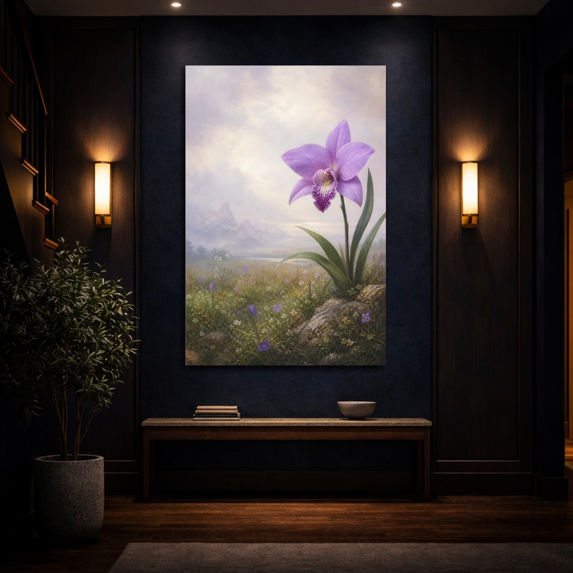 Mockup 4. Floral Orchid Purple Orchid shown as stretched canvas wall art