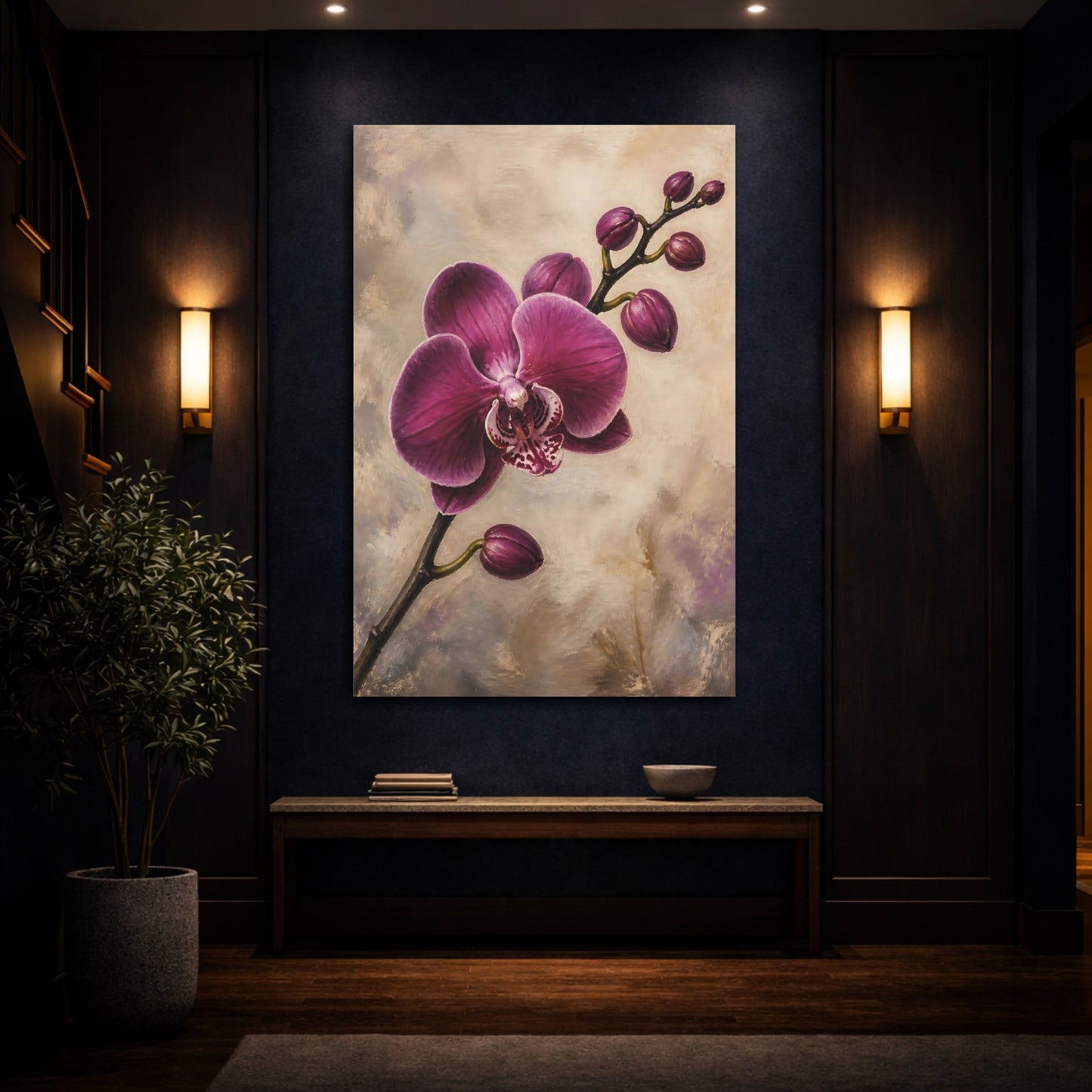Mockup 4. Floral Orchid Purple Orchid shown as stretched canvas wall art