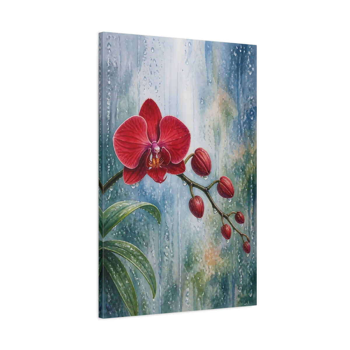 Main Mockup. Floral Orchid Red Orchid Rain shown as stretched canvas wall art