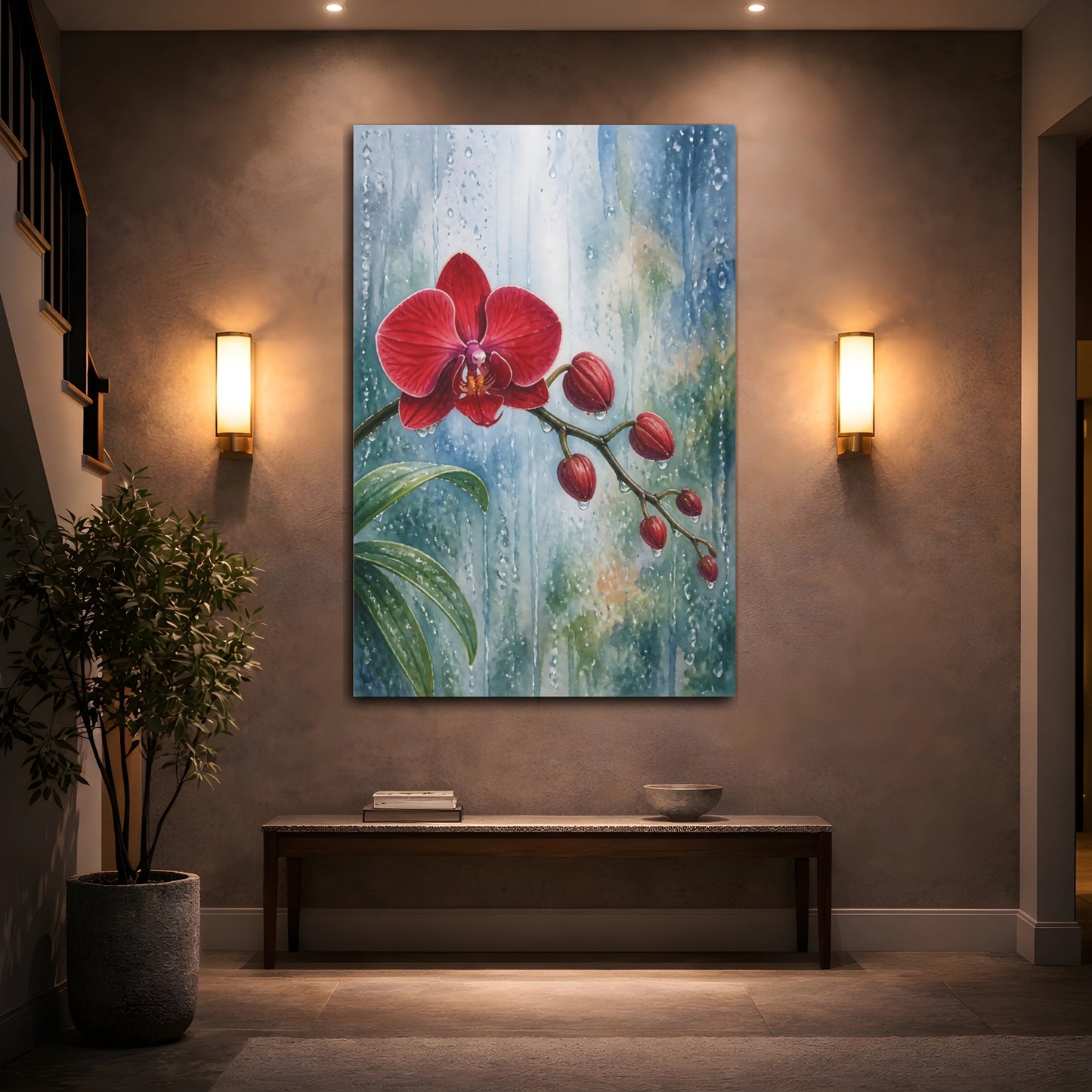 Mockup 2. Floral Orchid Red Orchid Rain shown as stretched canvas wall art