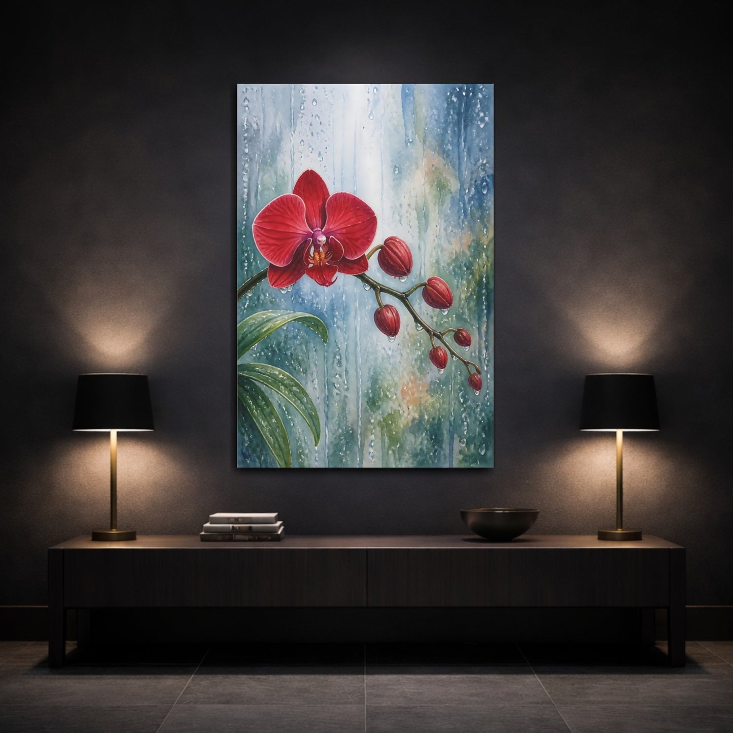 Mockup 3. Floral Orchid Red Orchid Rain shown as stretched canvas wall art