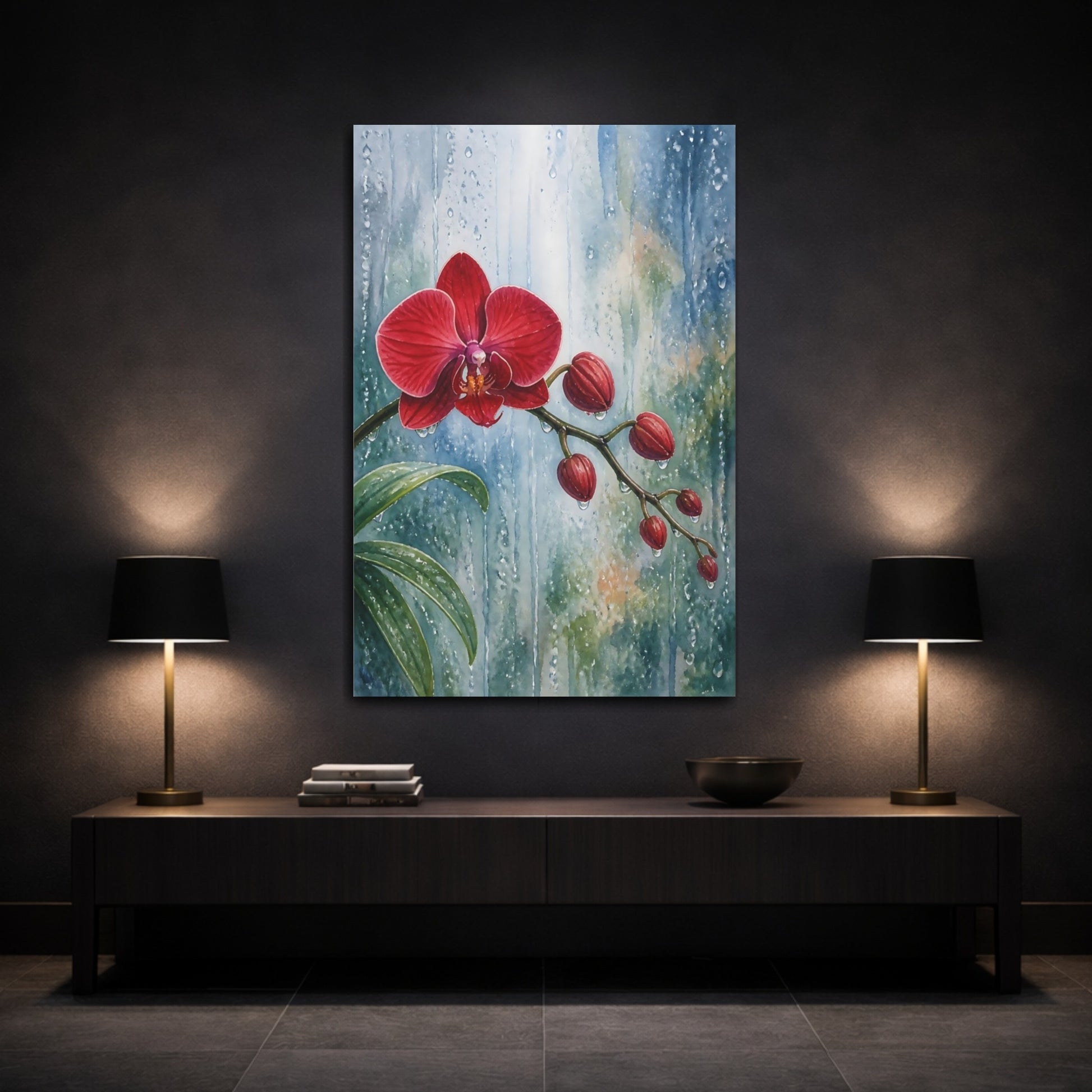 Mockup 3. Floral Orchid Red Orchid Rain shown as stretched canvas wall art
