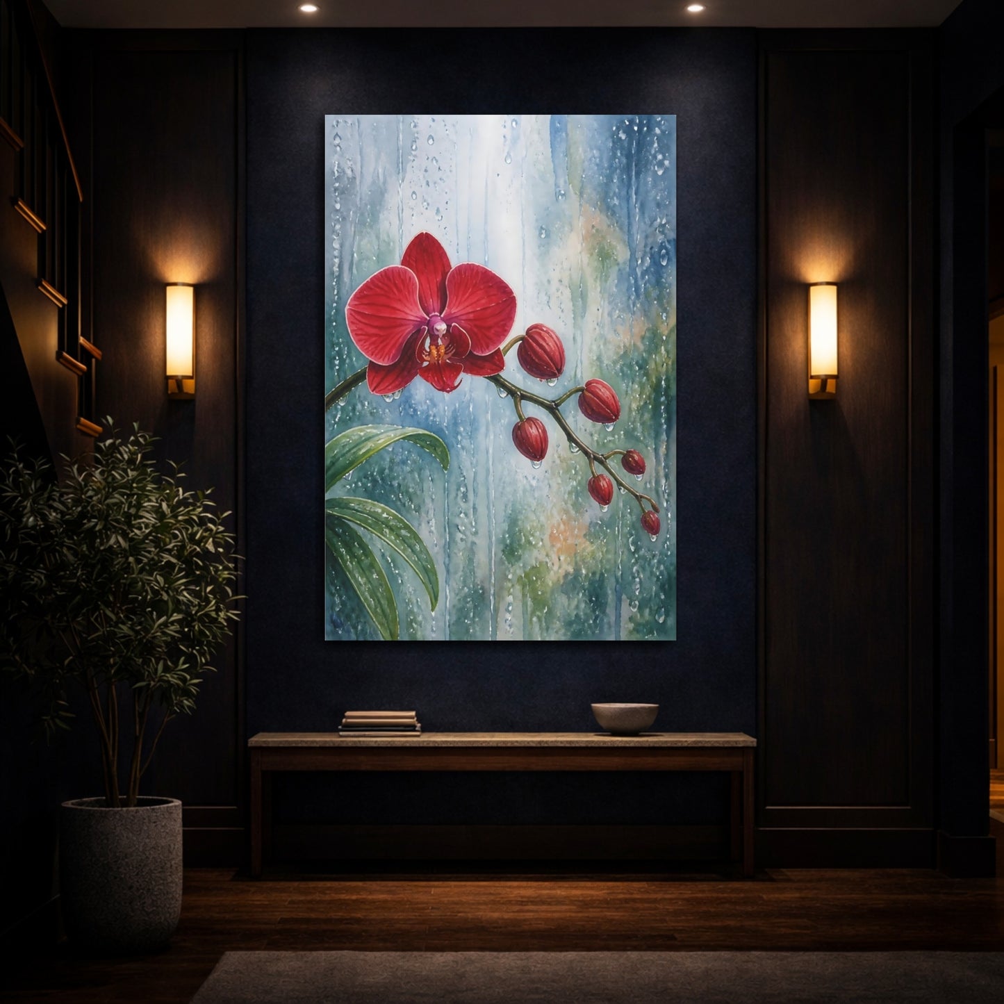 Mockup 4. Floral Orchid Red Orchid Rain shown as stretched canvas wall art