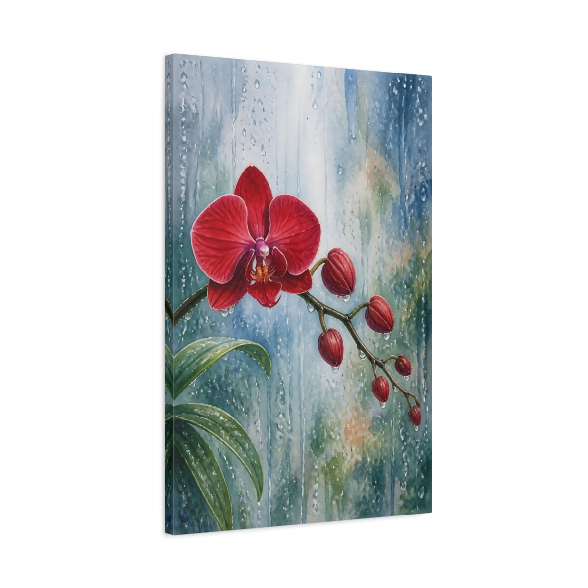 Side Mockup 2. Floral Orchid Red Orchid Rain shown as stretched canvas wall art