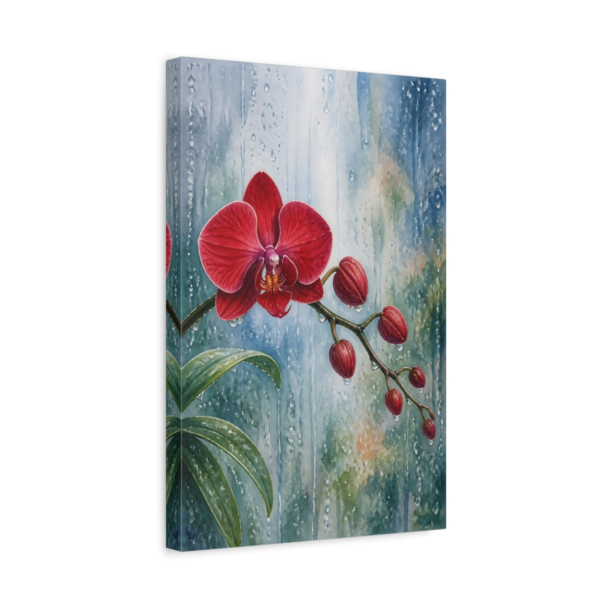 Side Mockup 4. Floral Orchid Red Orchid Rain shown as stretched canvas wall art