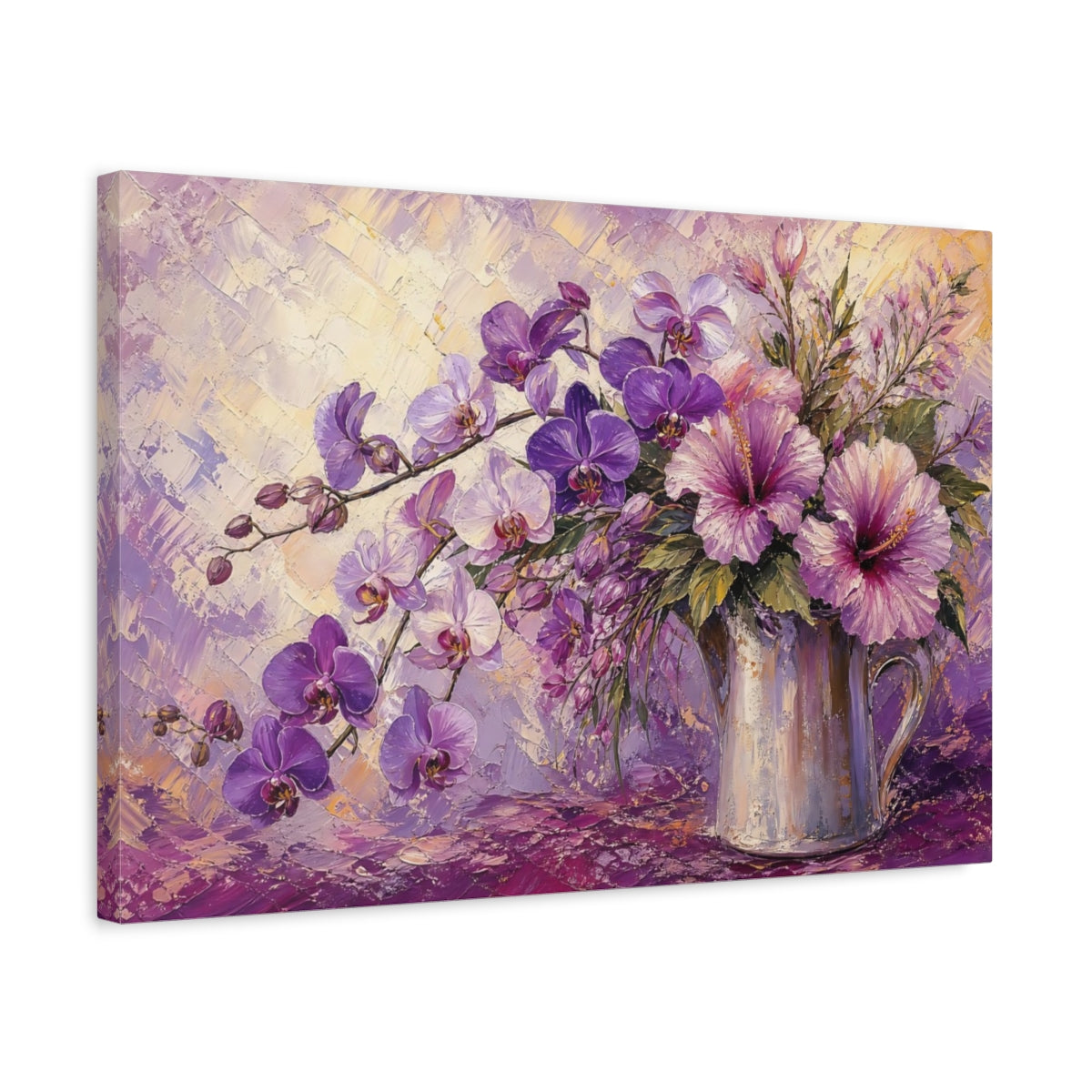Side Mockup 3. Floral Orchids And Hibiscus Purple Floral shown as stretched canvas wall art