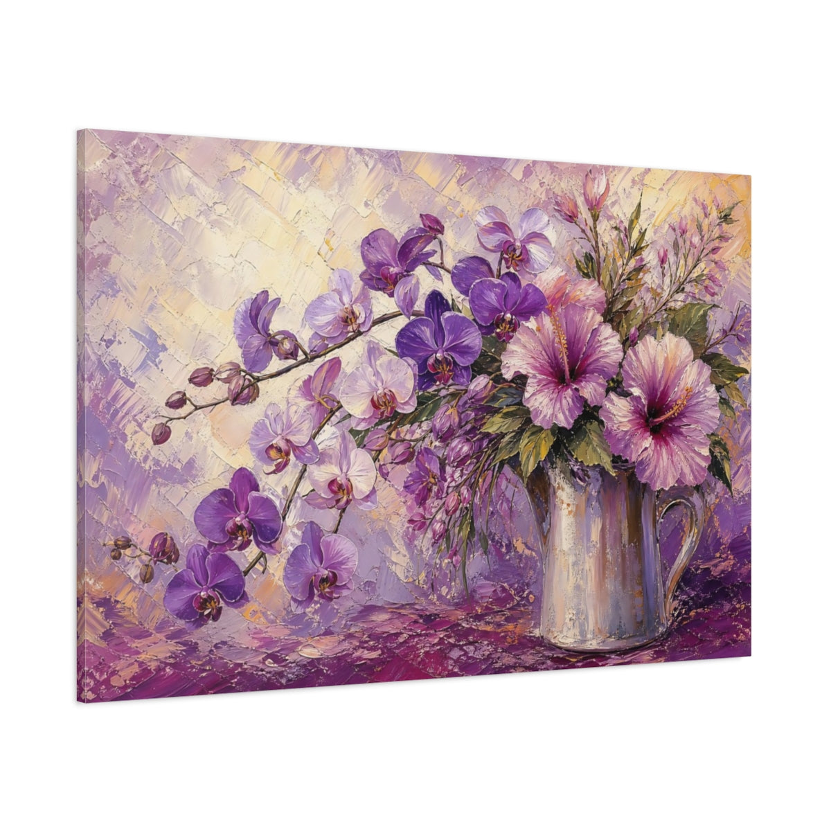 Side Mockup 1. Floral Orchids And Hibiscus Purple Floral shown as stretched canvas wall art