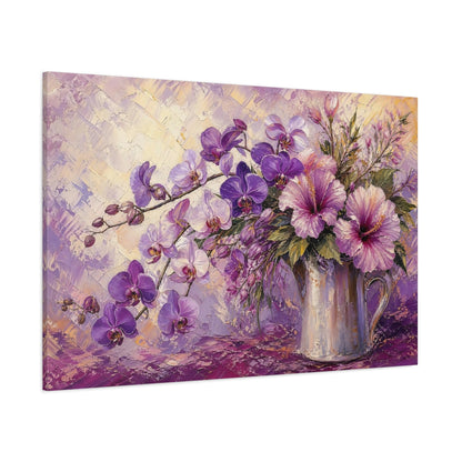 Side Mockup 1. Floral Orchids And Hibiscus Purple Floral shown as stretched canvas wall art