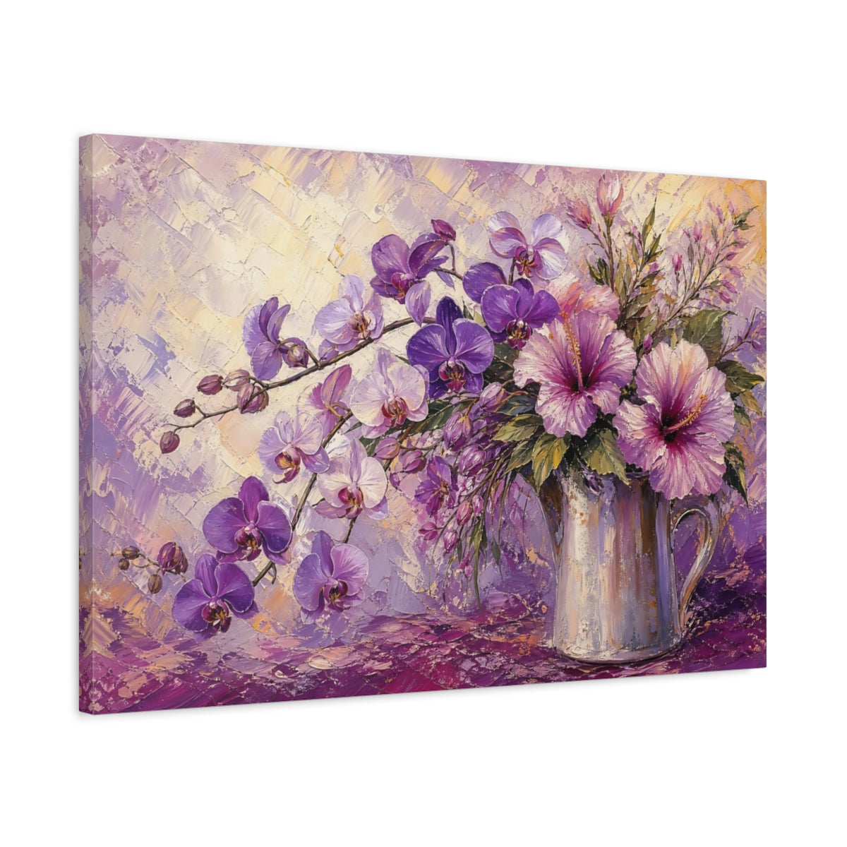 Side Mockup 2. Floral Orchids And Hibiscus Purple Floral shown as stretched canvas wall art