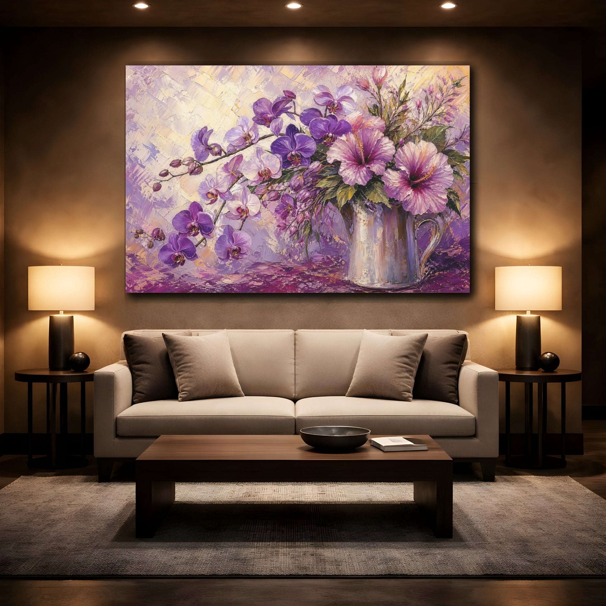 Mockup 2. Floral Orchids And Hibiscus Purple Floral shown as stretched canvas wall art