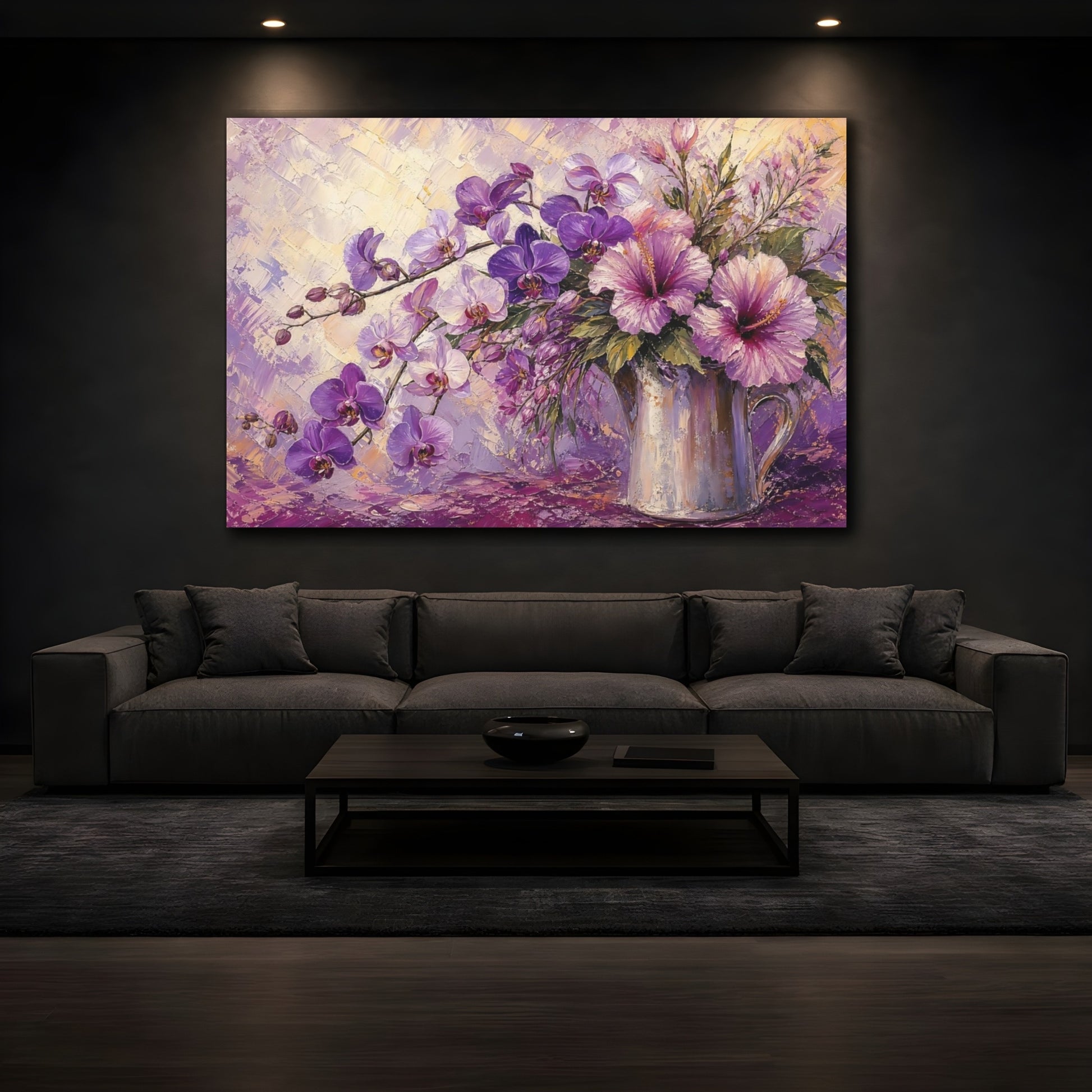 Mockup 3. Floral Orchids And Hibiscus Purple Floral shown as stretched canvas wall art