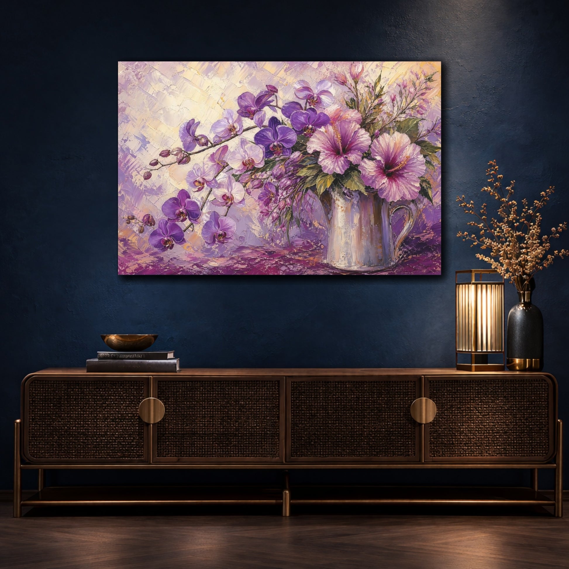 Mockup 4. Floral Orchids And Hibiscus Purple Floral shown as stretched canvas wall art