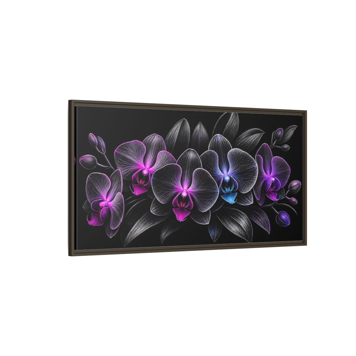 Side Mockup 4. Floral Orchids Black And Purple Orchids shown as stretched canvas wall art
