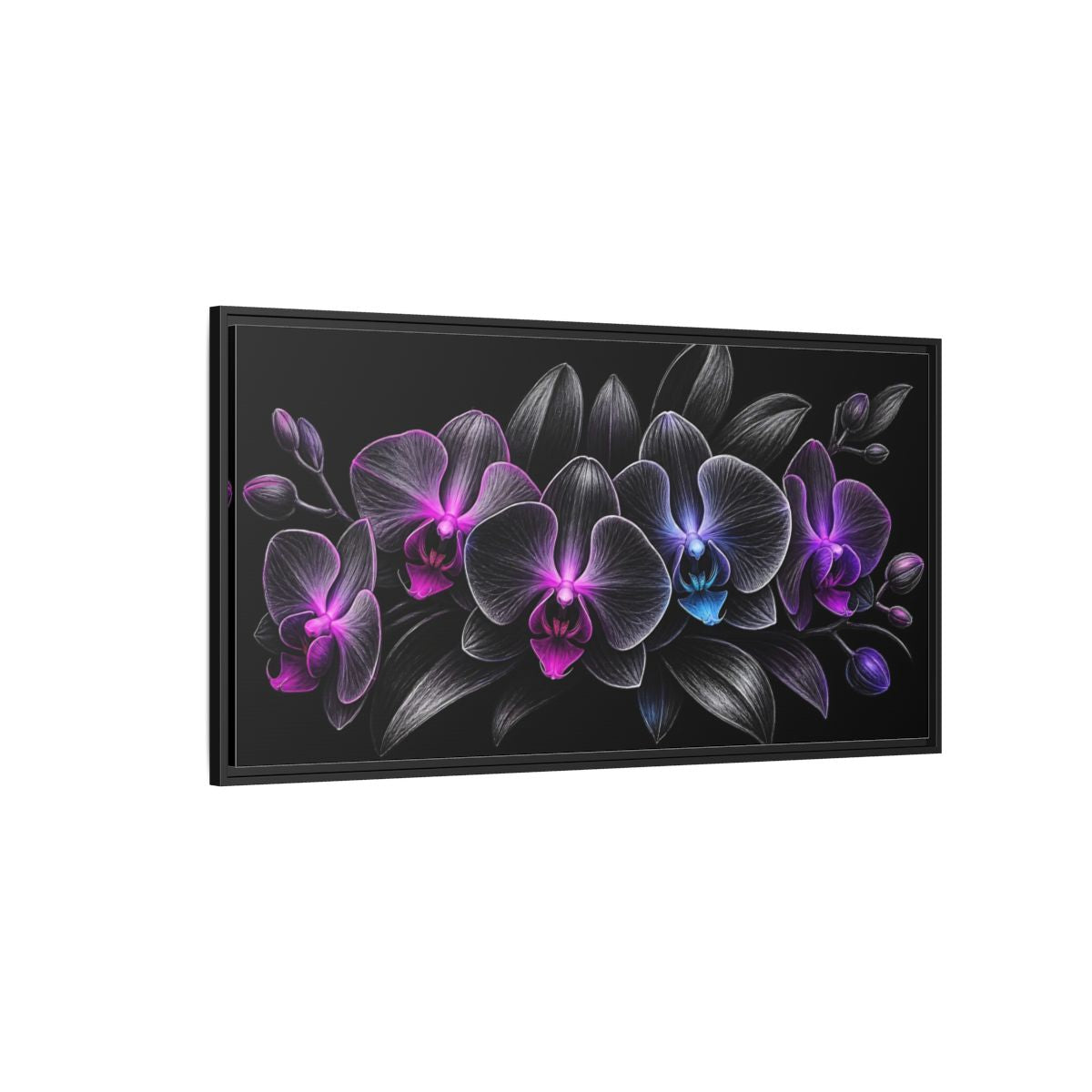 Side Mockup 5. Floral Orchids Black And Purple Orchids shown as stretched canvas wall art