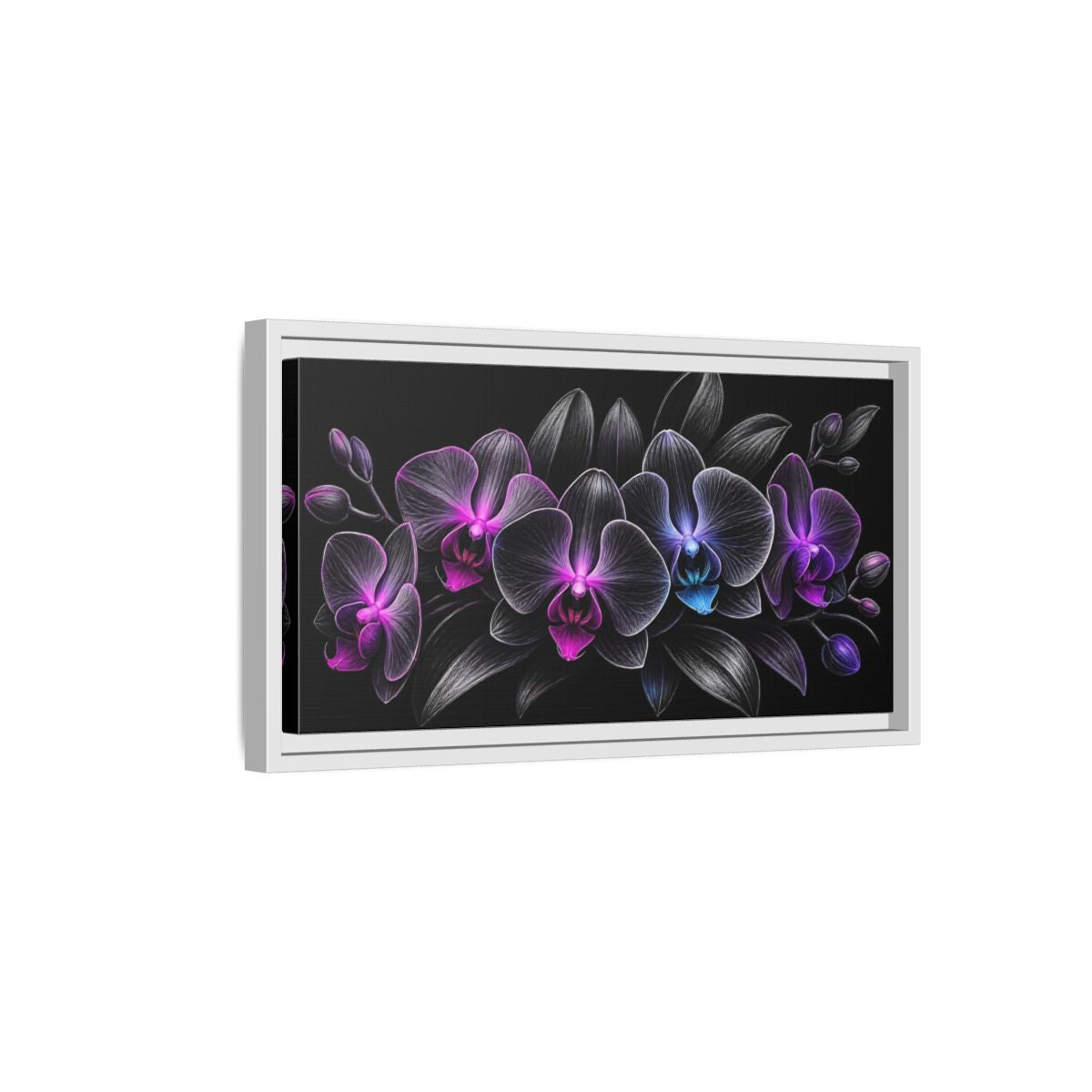 Side Mockup 6. Floral Orchids Black And Purple Orchids shown as stretched canvas wall art