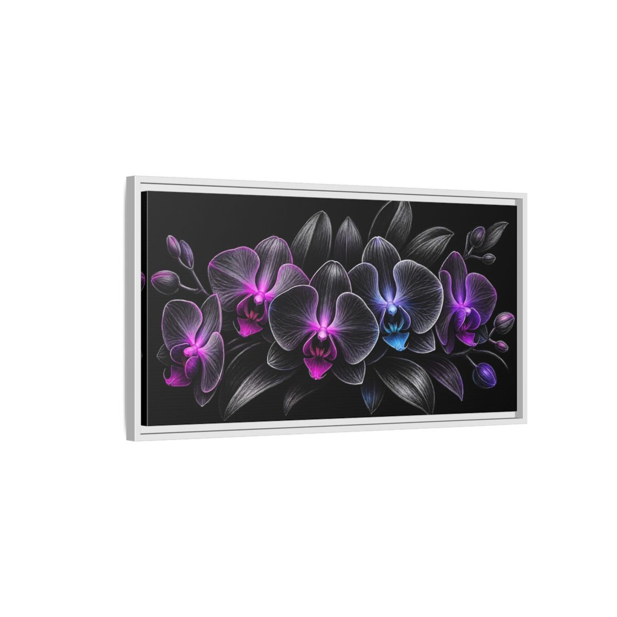 Side Mockup 1. Floral Orchids Black And Purple Orchids shown as stretched canvas wall art
