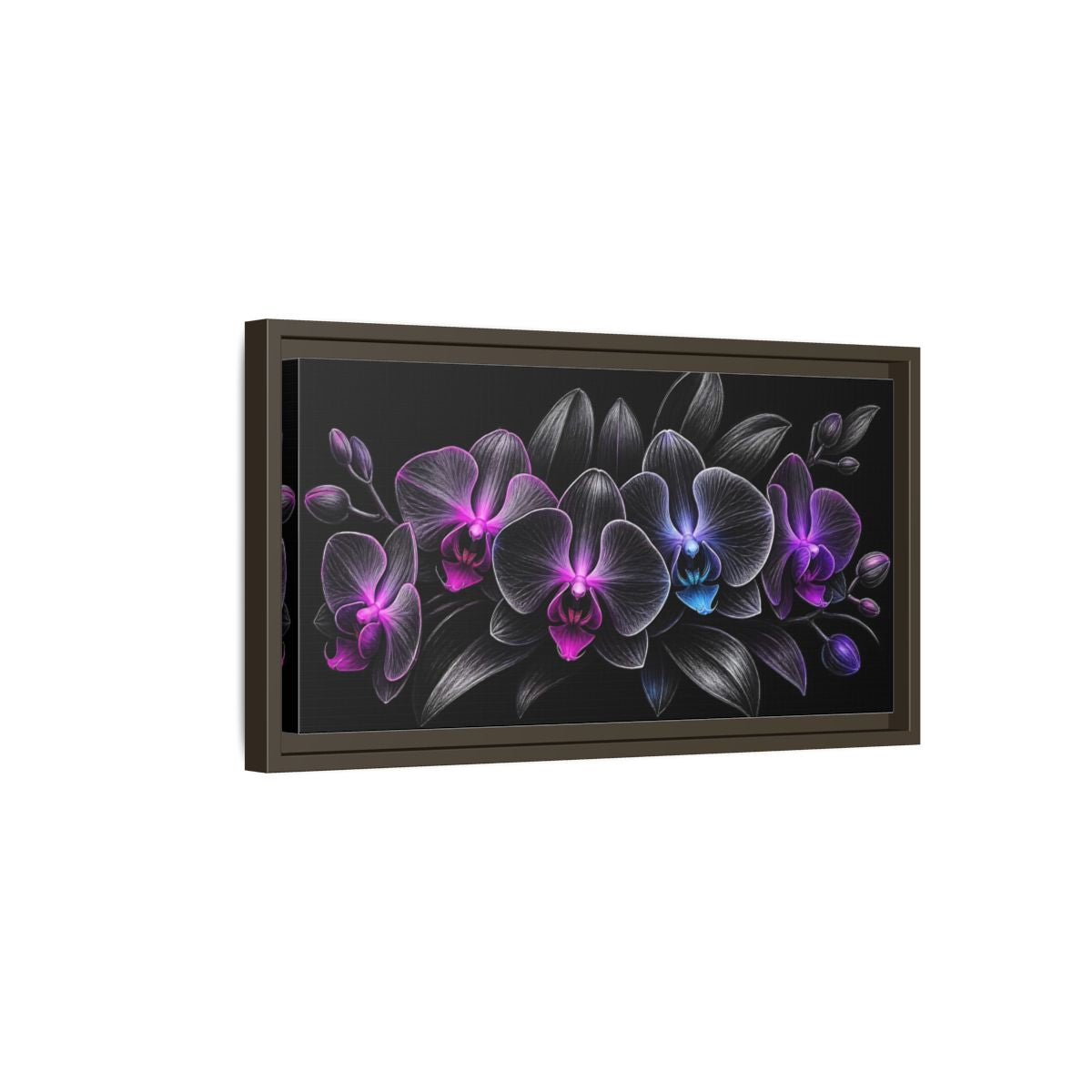 Side Mockup 7. Floral Orchids Black And Purple Orchids shown as stretched canvas wall art