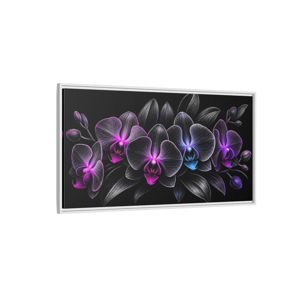 Side Mockup 3. Floral Orchids Black And Purple Orchids shown as stretched canvas wall art