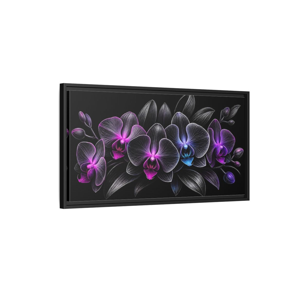 Side Mockup 2. Floral Orchids Black And Purple Orchids shown as stretched canvas wall art