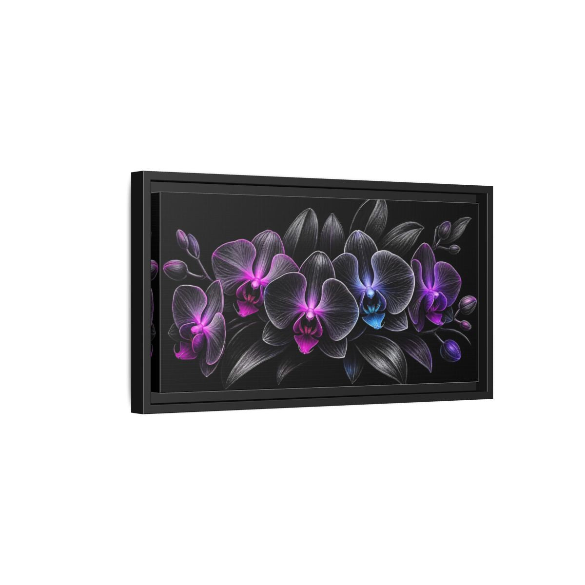 Side Mockup 8. Floral Orchids Black And Purple Orchids shown as stretched canvas wall art