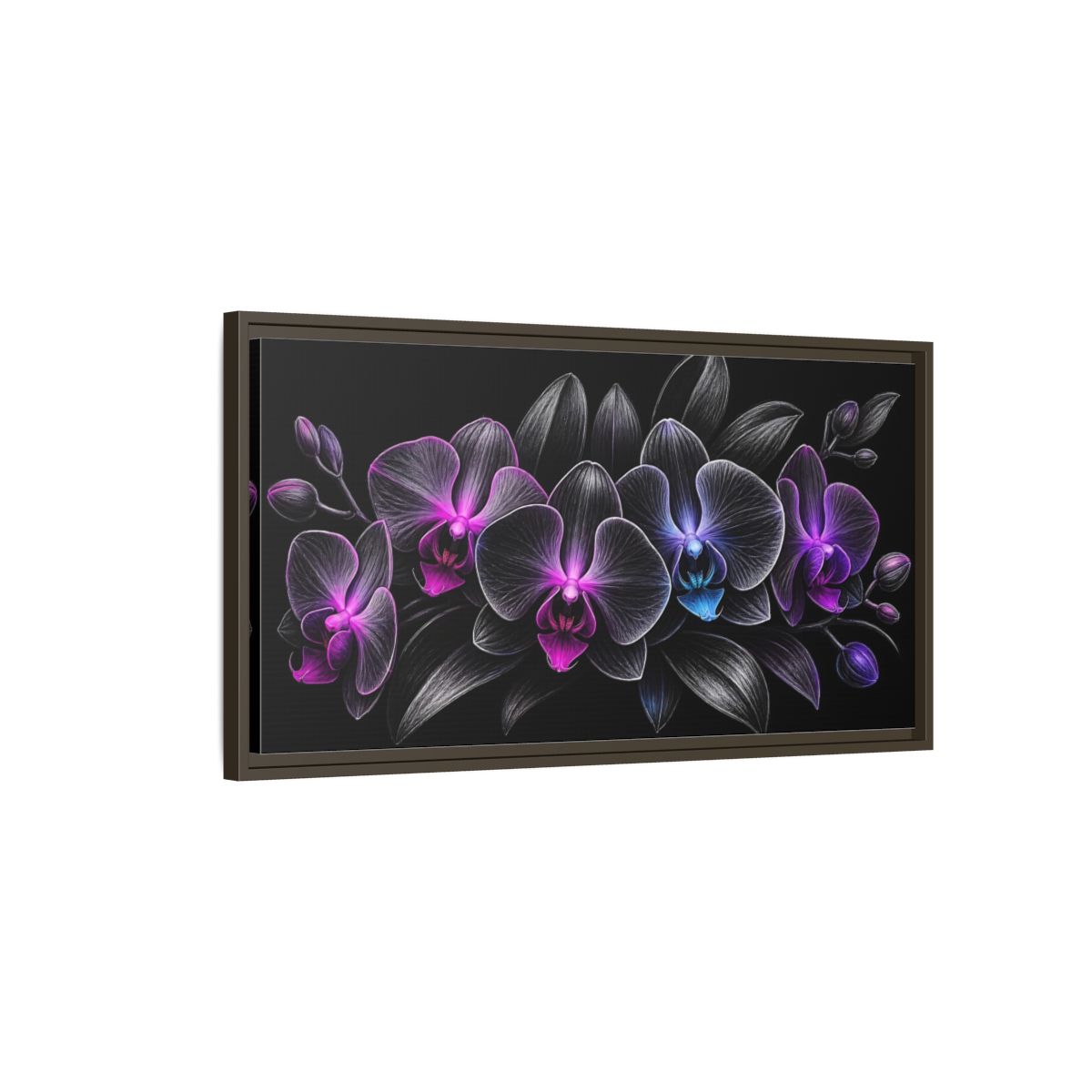 Main Mockup. Floral Orchids Black And Purple Orchids shown as stretched canvas wall art