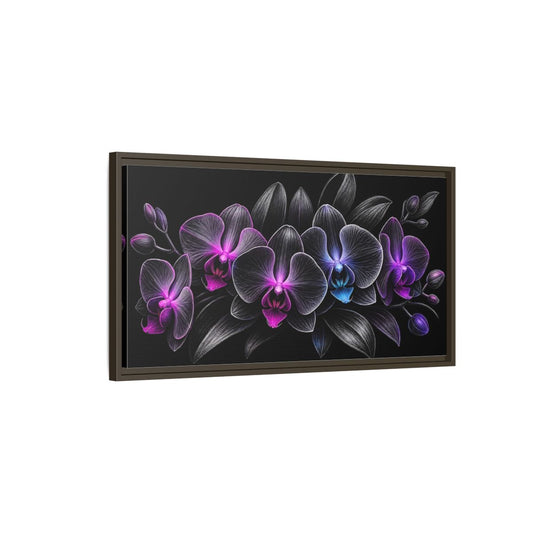 Main Mockup. Floral Orchids Black And Purple Orchids shown as stretched canvas wall art