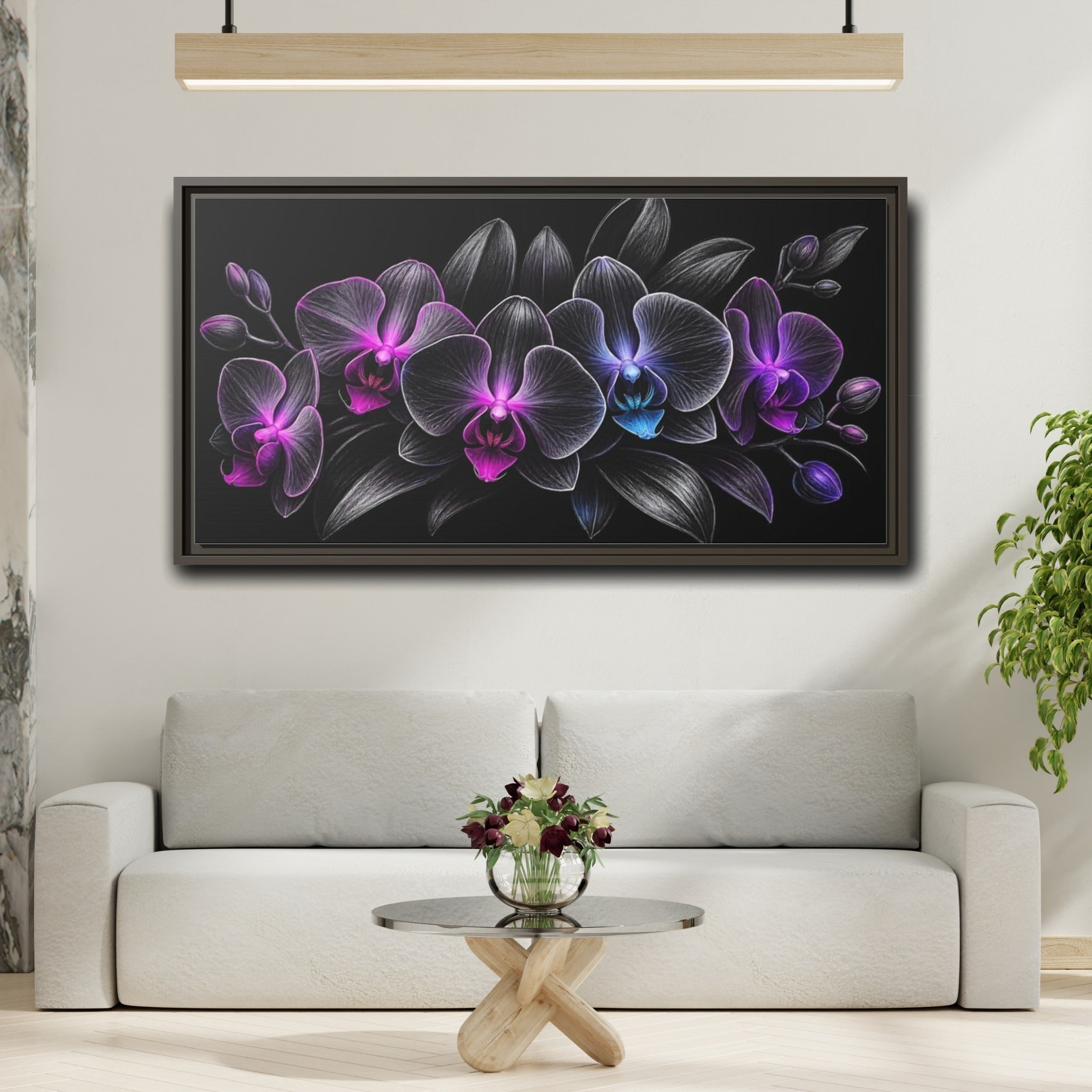 Mockup 2. Floral Orchids Black And Purple Orchids shown as stretched canvas wall art