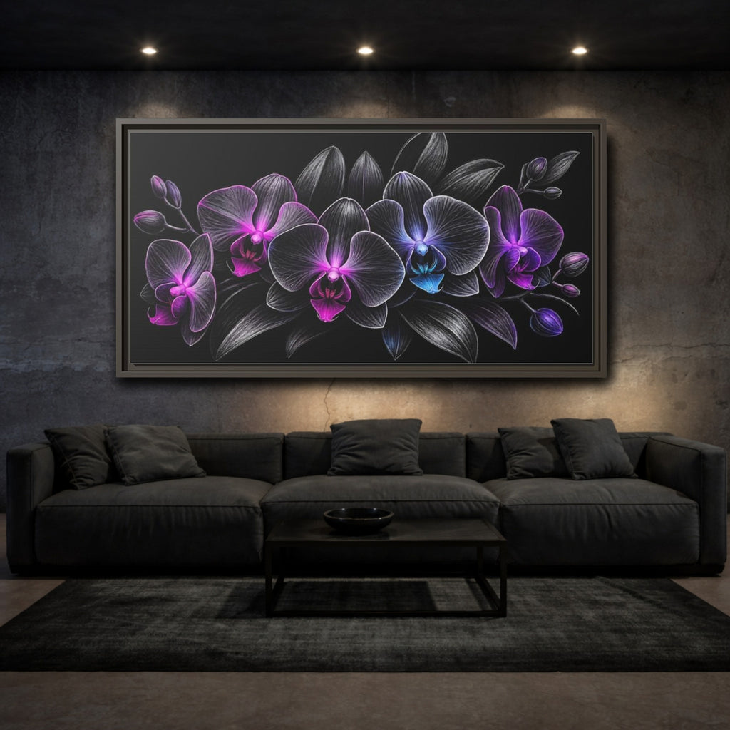 Mockup 3. Floral Orchids Black And Purple Orchids shown as stretched canvas wall art