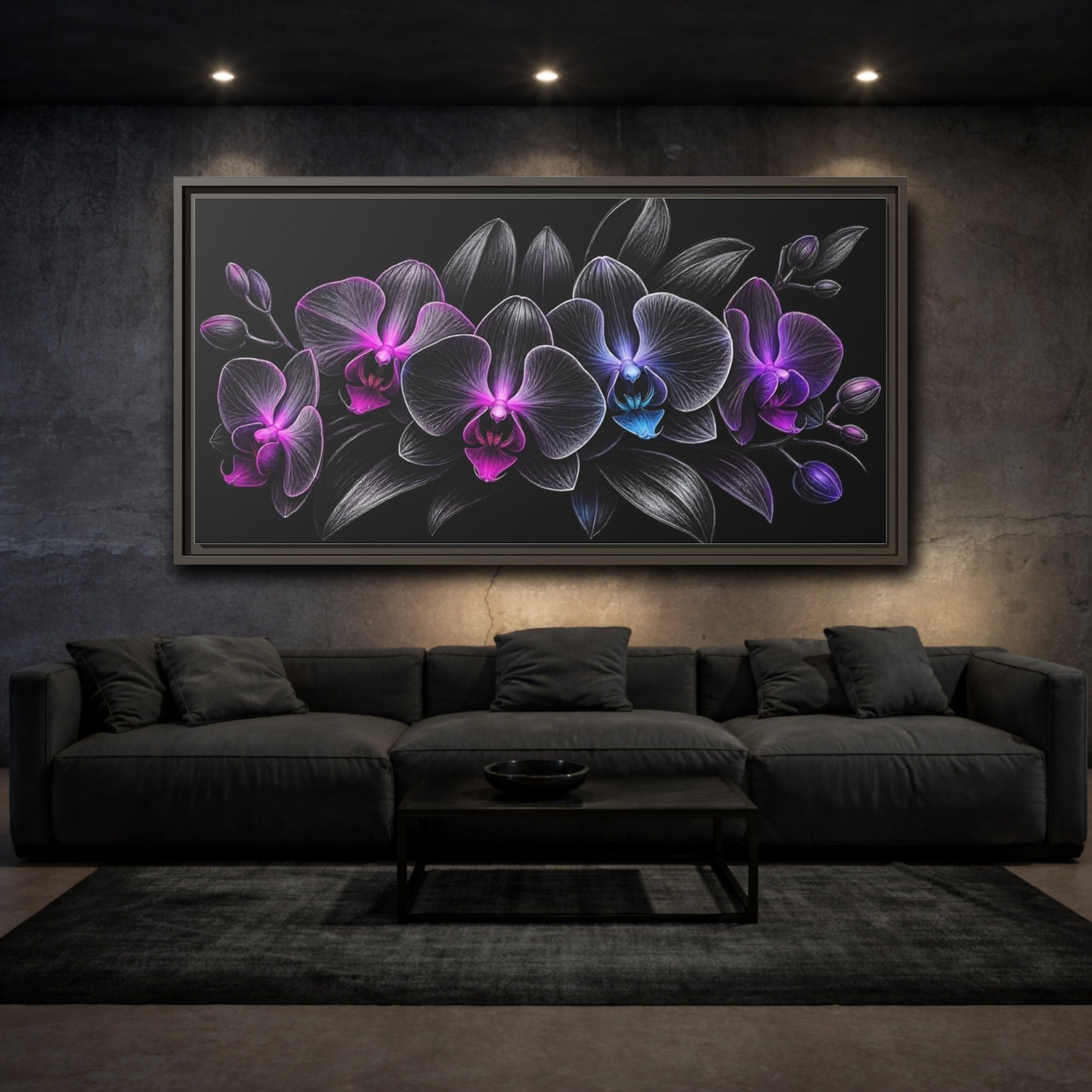 Mockup 3. Floral Orchids Black And Purple Orchids shown as stretched canvas wall art