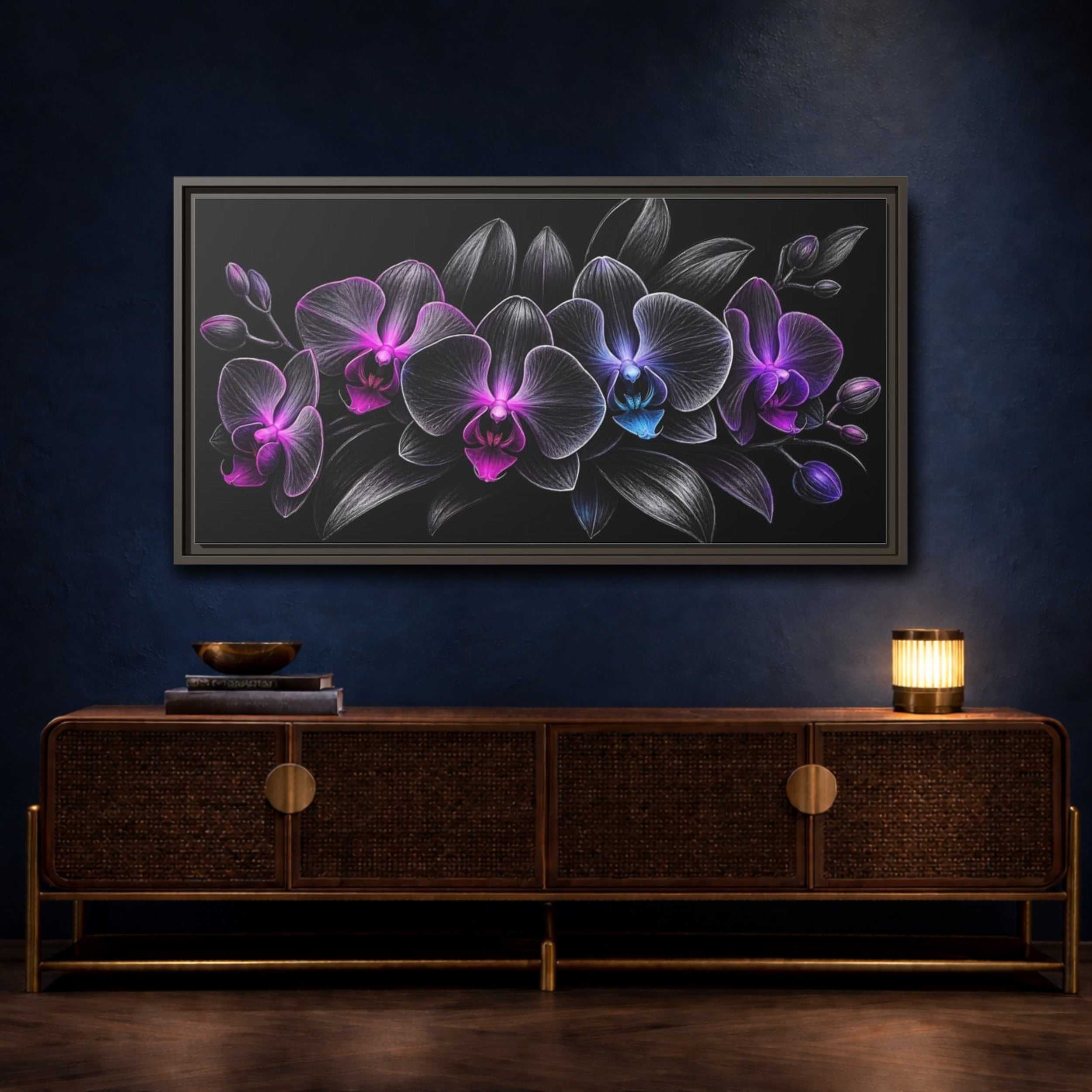 Mockup 4. Floral Orchids Black And Purple Orchids shown as stretched canvas wall art
