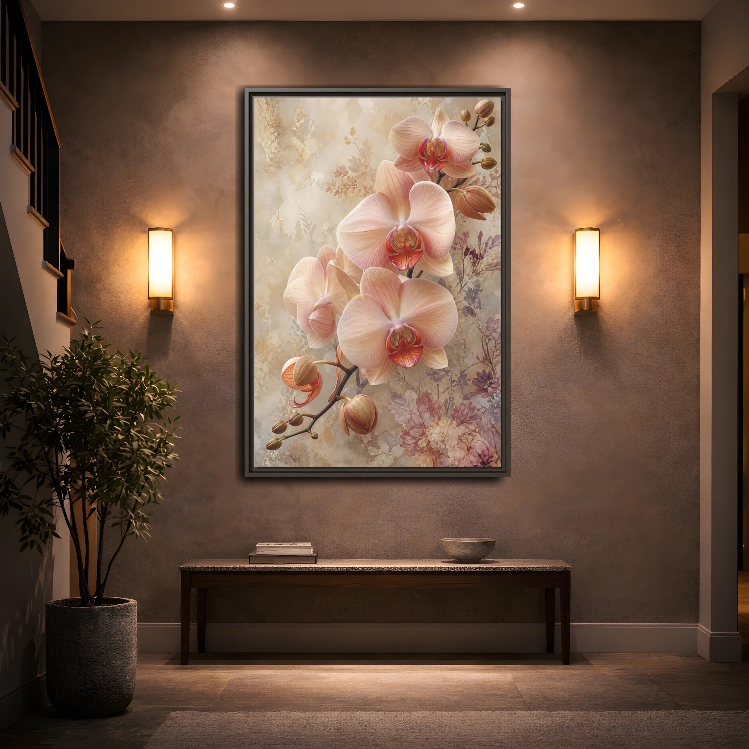 Mockup 2. Floral Orchids Blush Beige Orchids shown as stretched canvas wall art