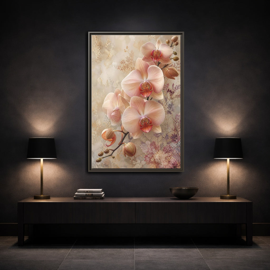 Mockup 3. Floral Orchids Blush Beige Orchids shown as stretched canvas wall art
