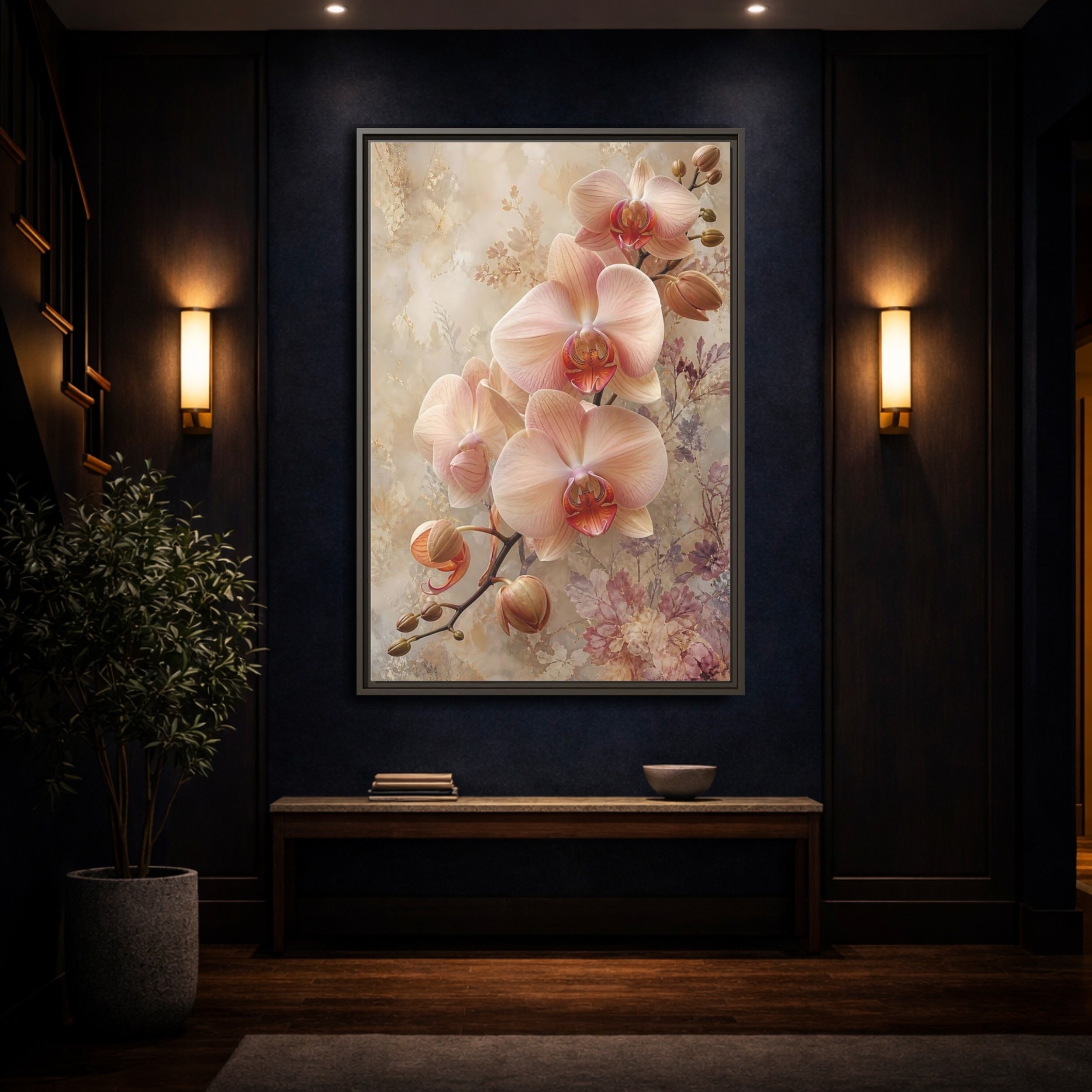 Mockup 4. Floral Orchids Blush Beige Orchids shown as stretched canvas wall art