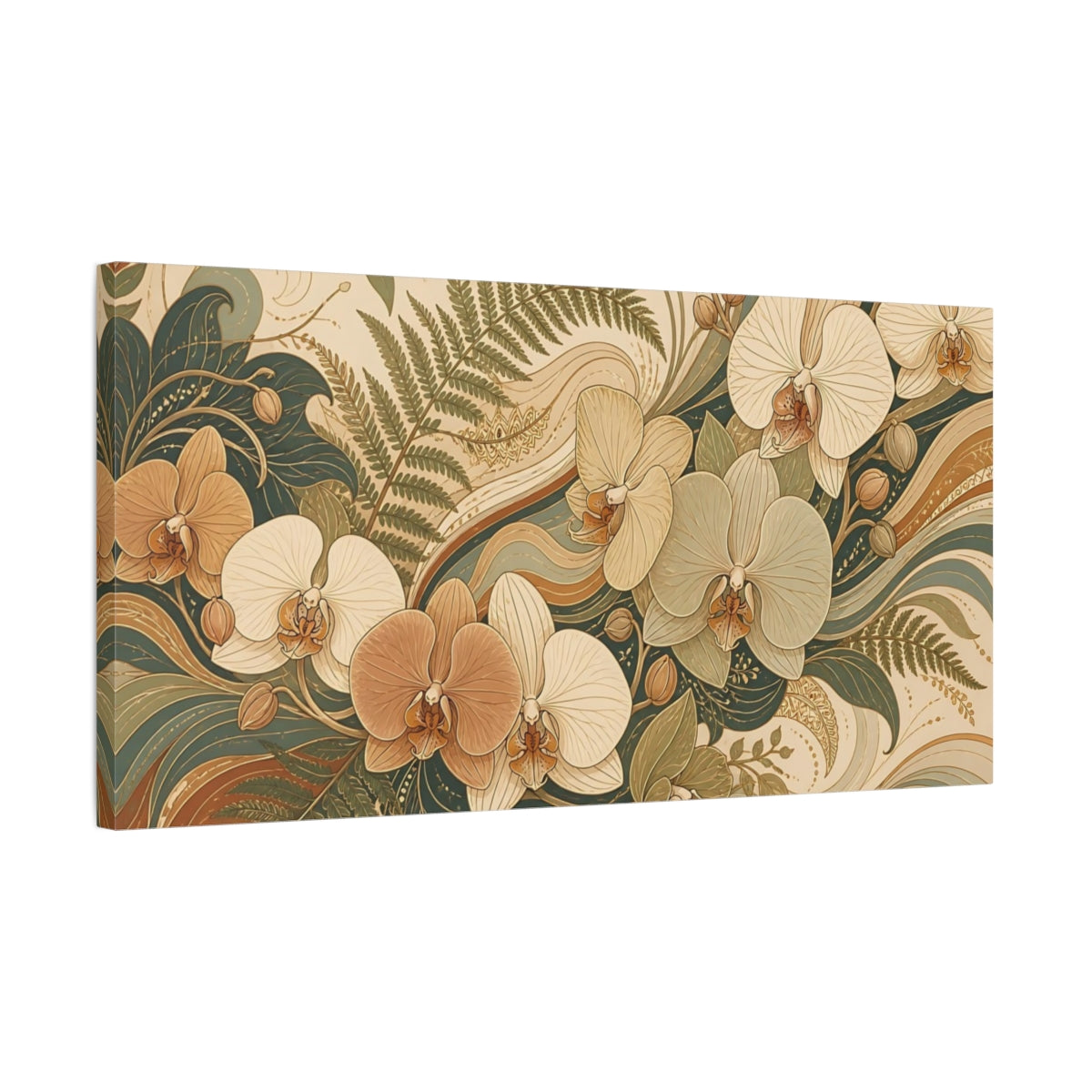 Side Mockup 1. Floral Orchids Brown And Green Floral shown as stretched canvas wall art