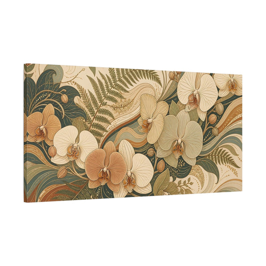 Main Mockup. Floral Orchids Brown And Green Floral shown as stretched canvas wall art