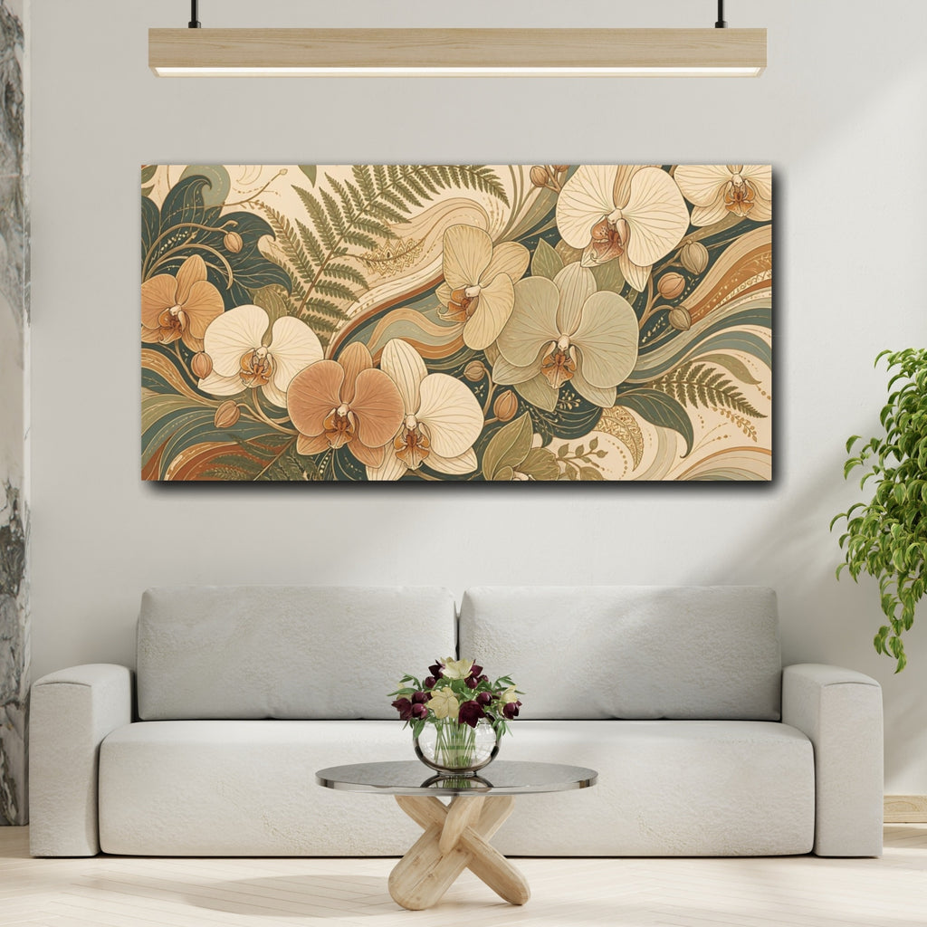Mockup 2. Floral Orchids Brown And Green Floral shown as stretched canvas wall art
