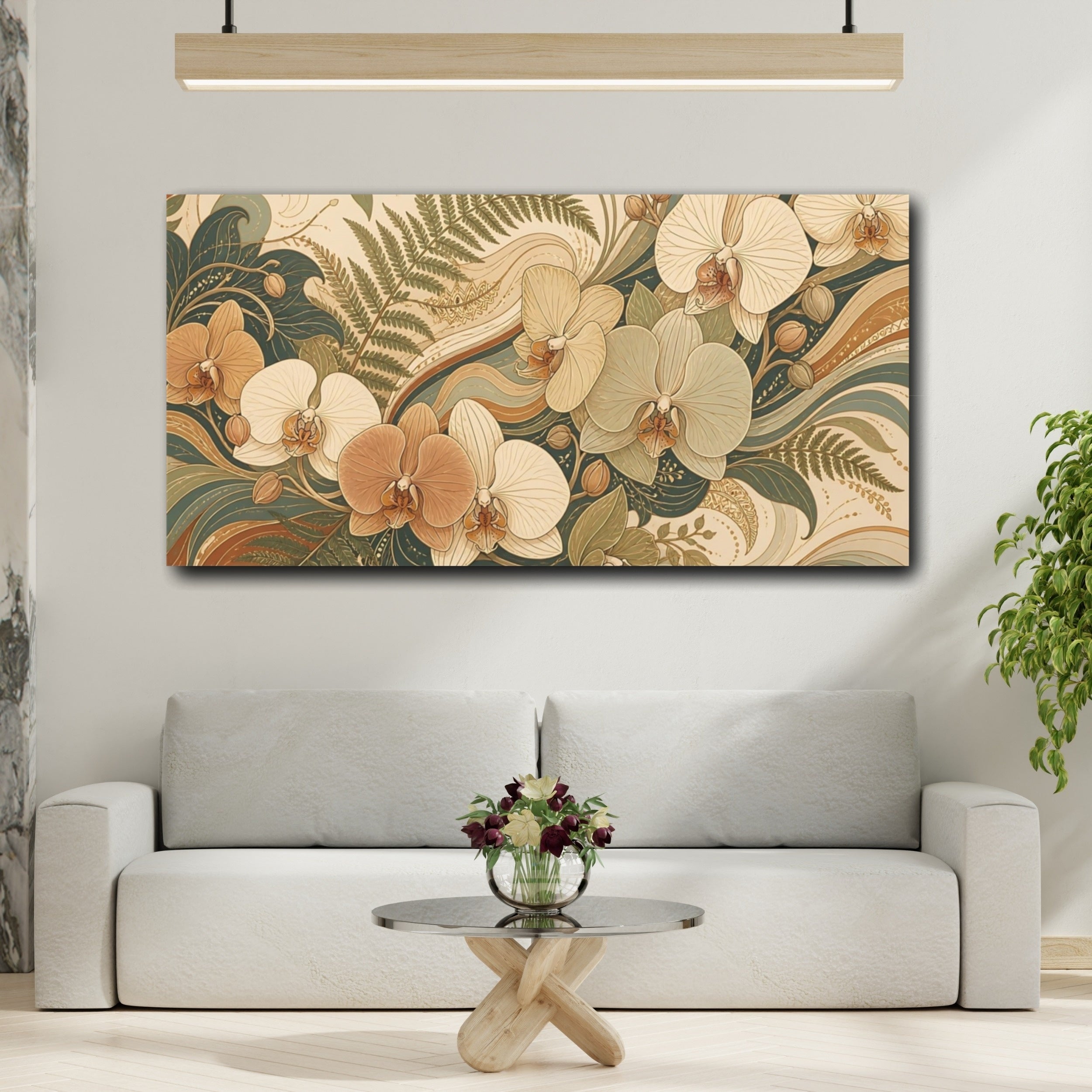 Mockup 2. Floral Orchids Brown And Green Floral shown as stretched canvas wall art