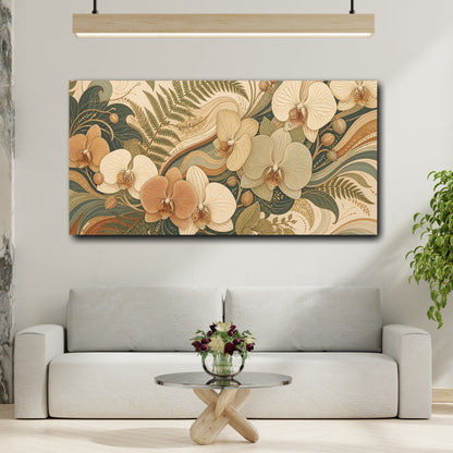 Mockup 2. Floral Orchids Brown And Green Floral shown as stretched canvas wall art