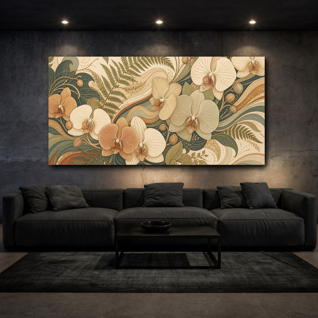 Mockup 3. Floral Orchids Brown And Green Floral shown as stretched canvas wall art