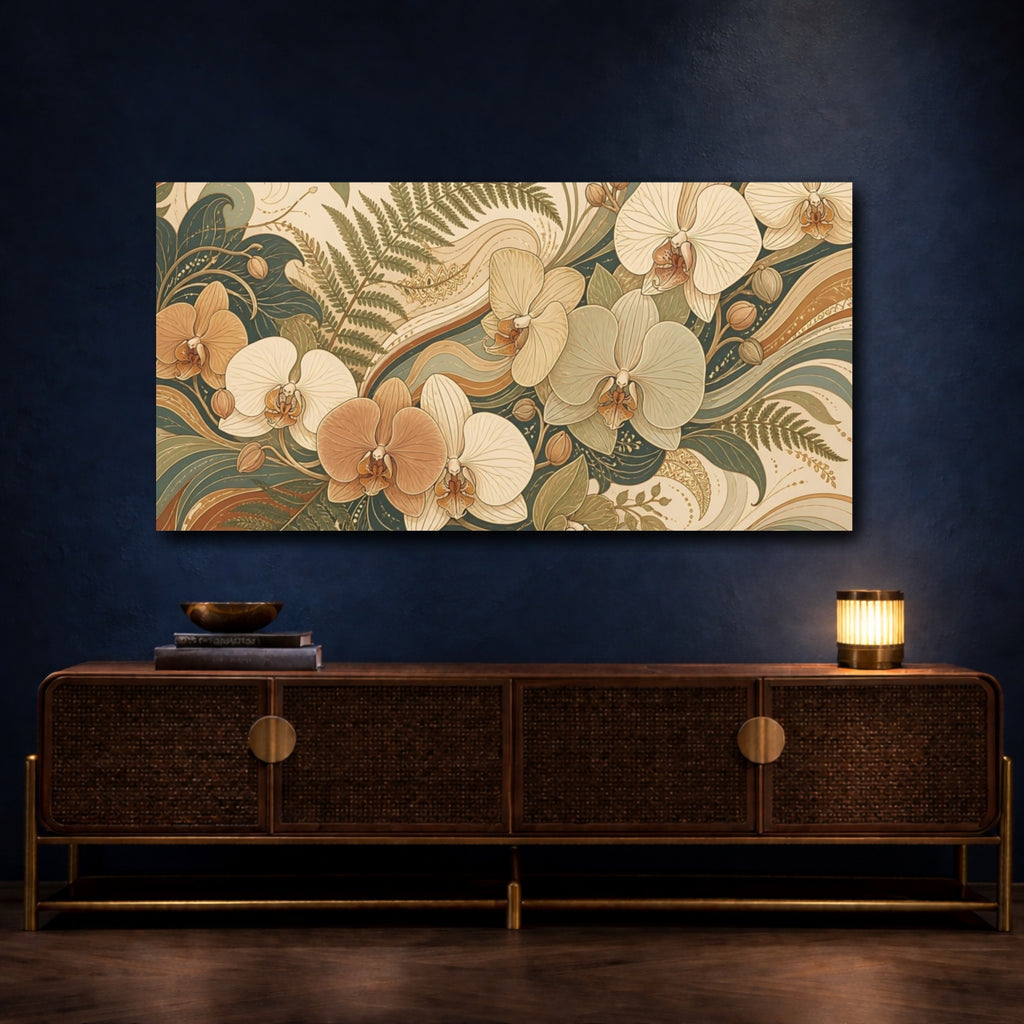 Mockup 4. Floral Orchids Brown And Green Floral shown as stretched canvas wall art