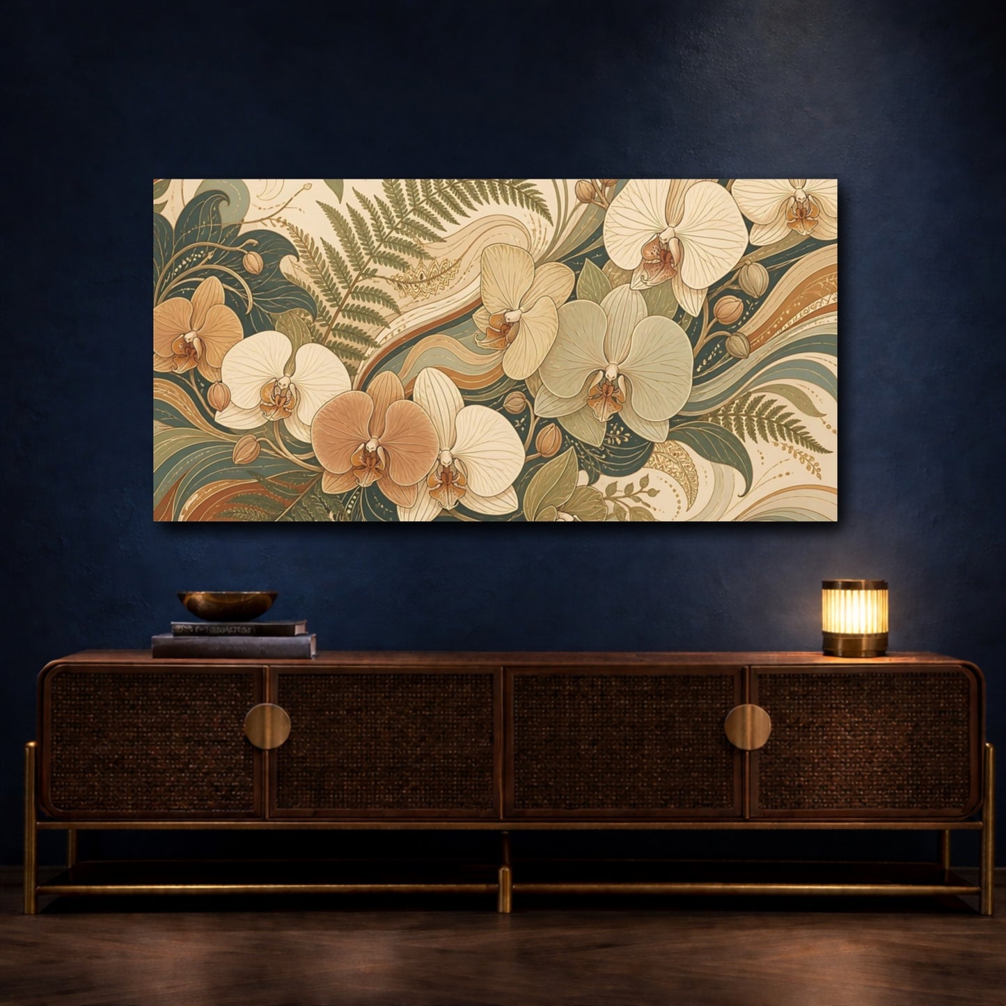 Mockup 4. Floral Orchids Brown And Green Floral shown as stretched canvas wall art