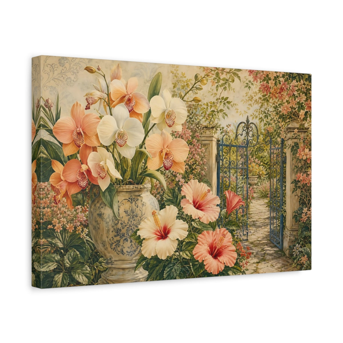 Side Mockup 4. Floral Orchids, Hibiscus Peach And Green Floral shown as stretched canvas wall art