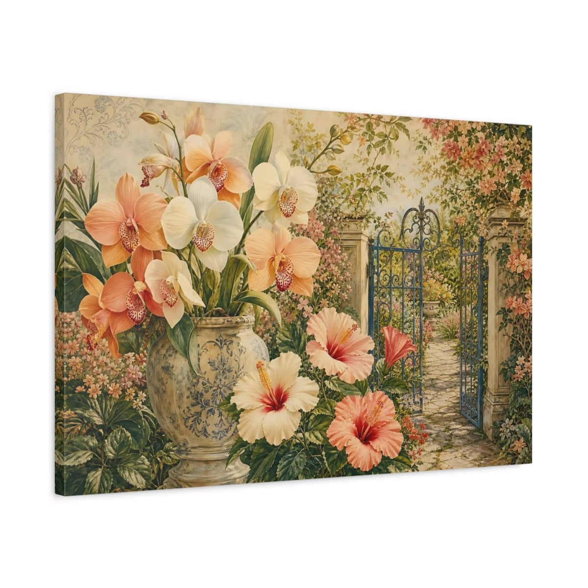Side Mockup 2. Floral Orchids, Hibiscus Peach And Green Floral shown as stretched canvas wall art
